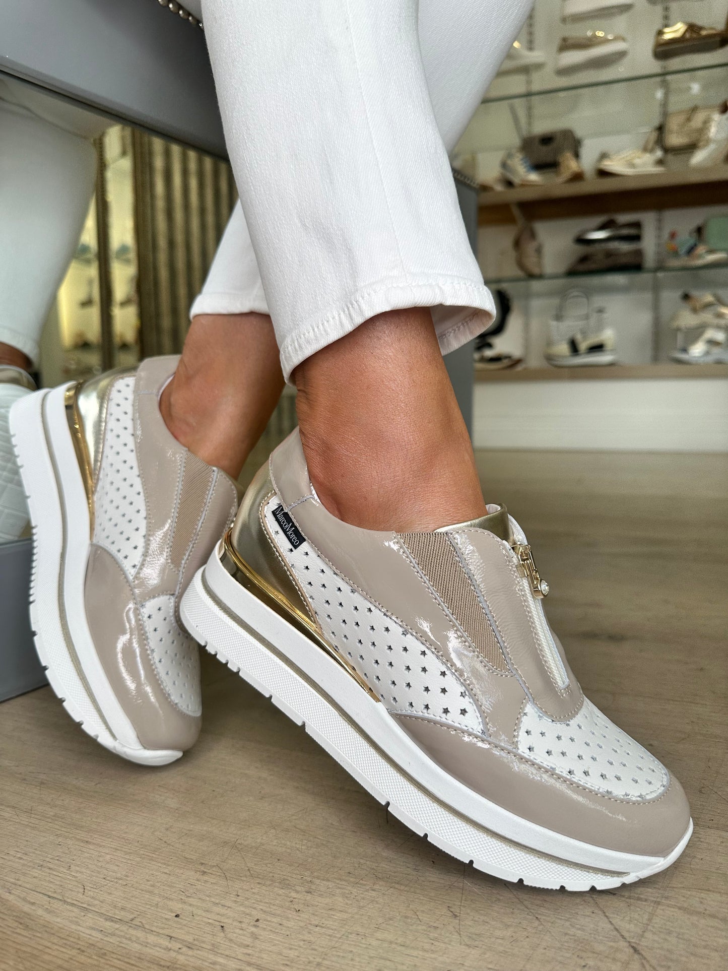 Marco Moreo - Taupe Flexy Patent & White Leather Trainer With Gold Trim