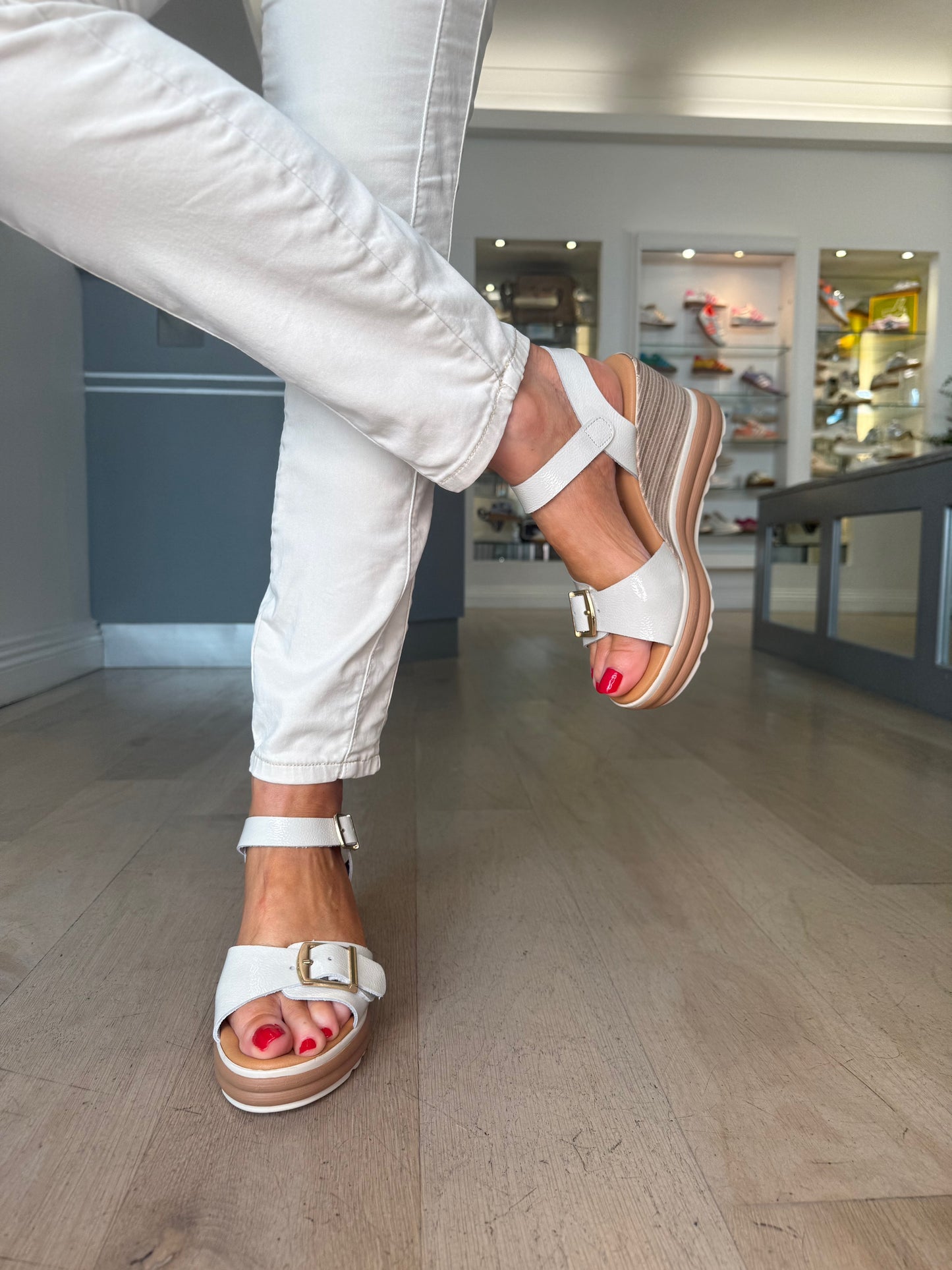 Oh My Sandals - Cream Flexy Patent Wedge Sandal