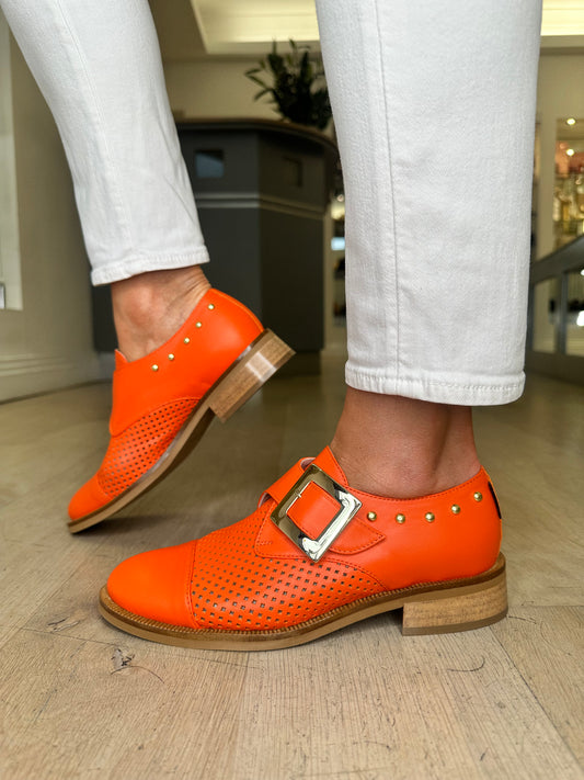 Marco Moreo - Orange Monk Strap Brogue With Gold Buckle & Gold Stud Trim