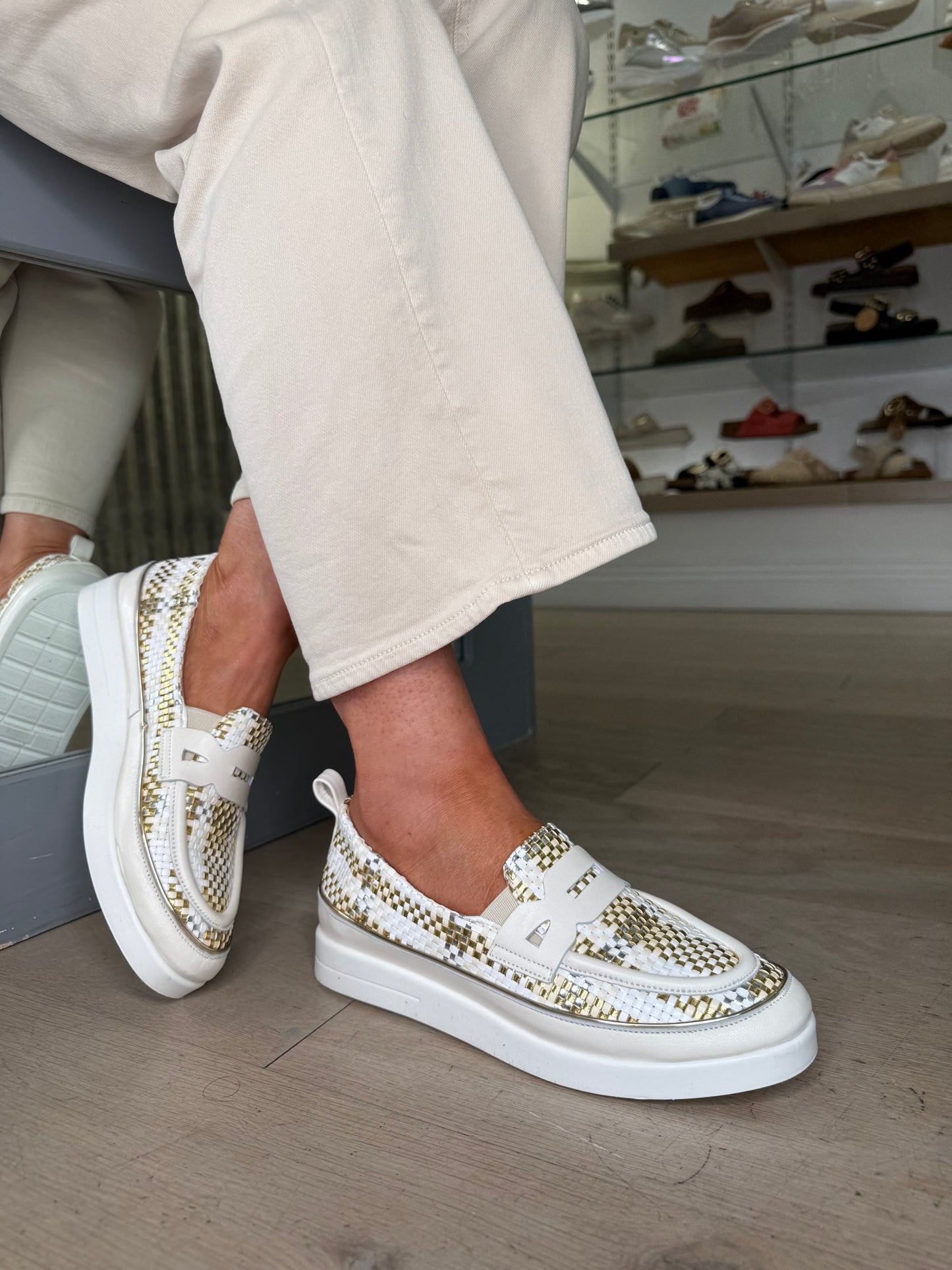 XSA - Cream, Gold And Silver Mix Woven Leather Slip On Loafer