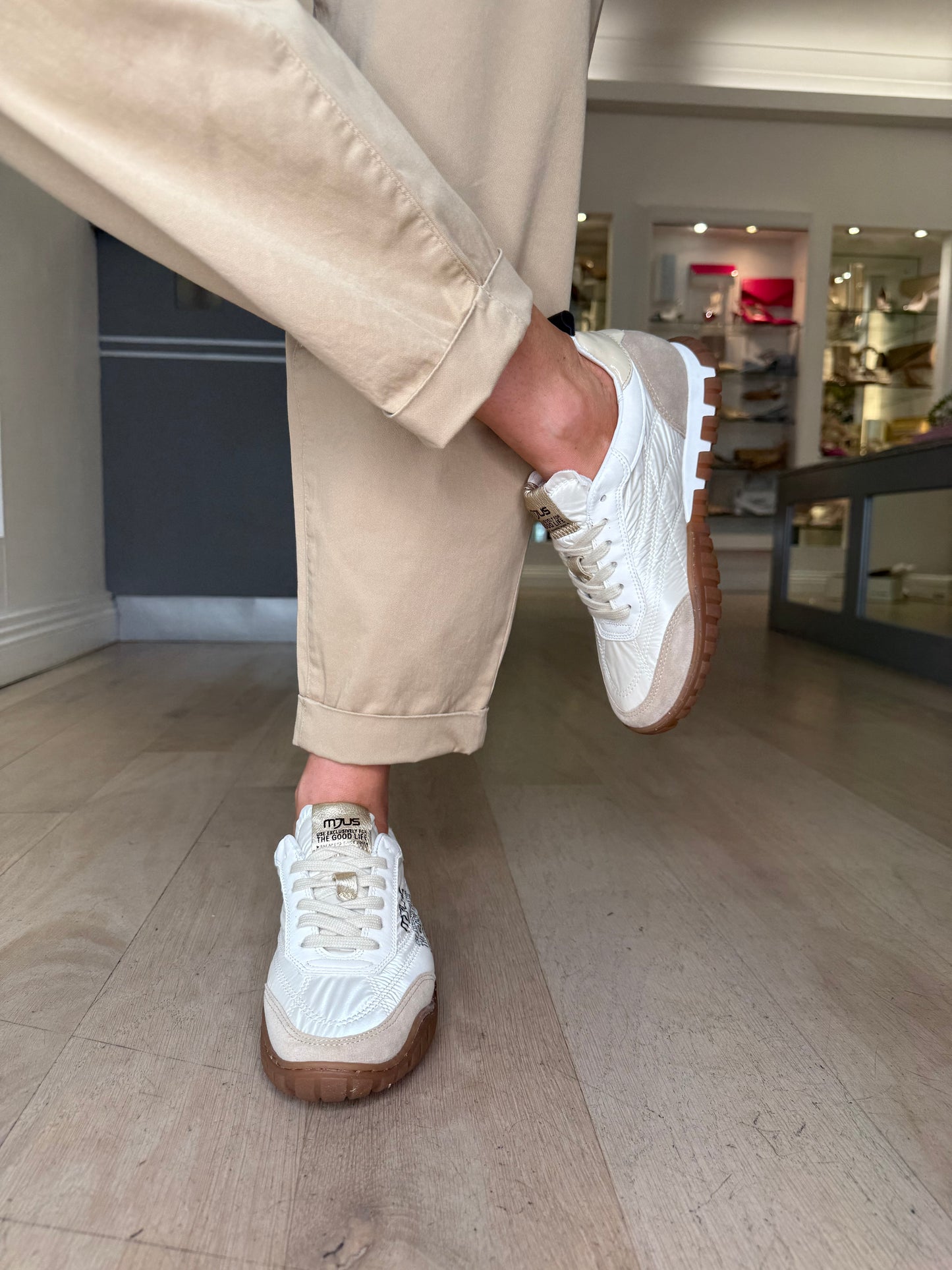 Mjus - Taupe Suede Trainer With Quilted Cream Lace Up Trainer