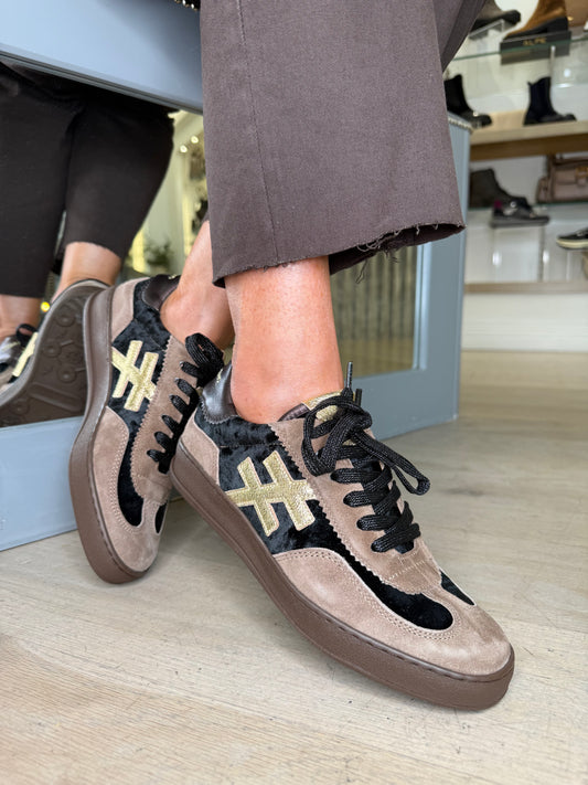 Another Trend - Soft Brown Suede/ Black Velvet Trainer With Metallic Gold & Dark Bronze Trim