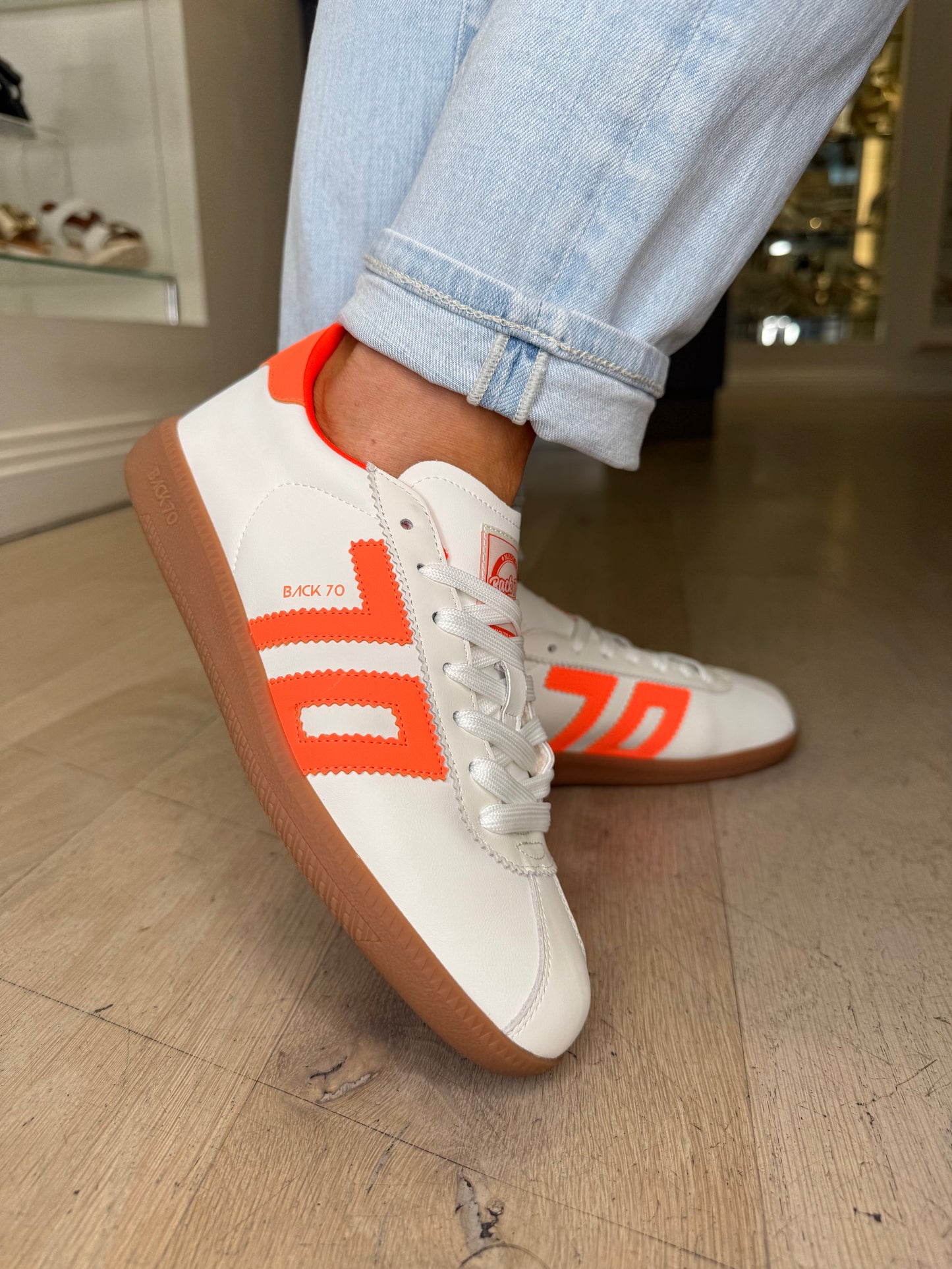 Back 70 -White Leather Trainer With Fluorescent Orange Trim