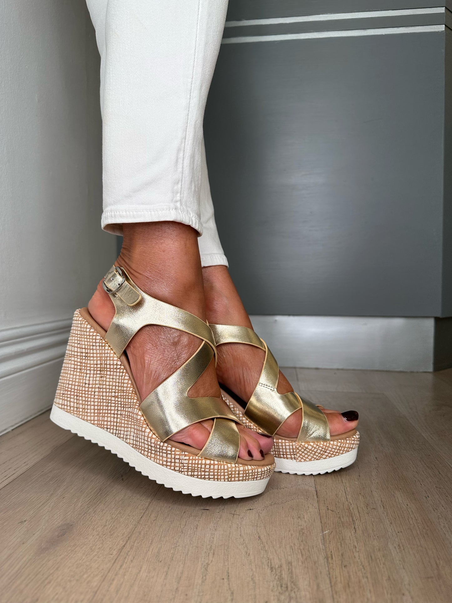 Repo - Metallic Gold Strappy Wedge Sandal