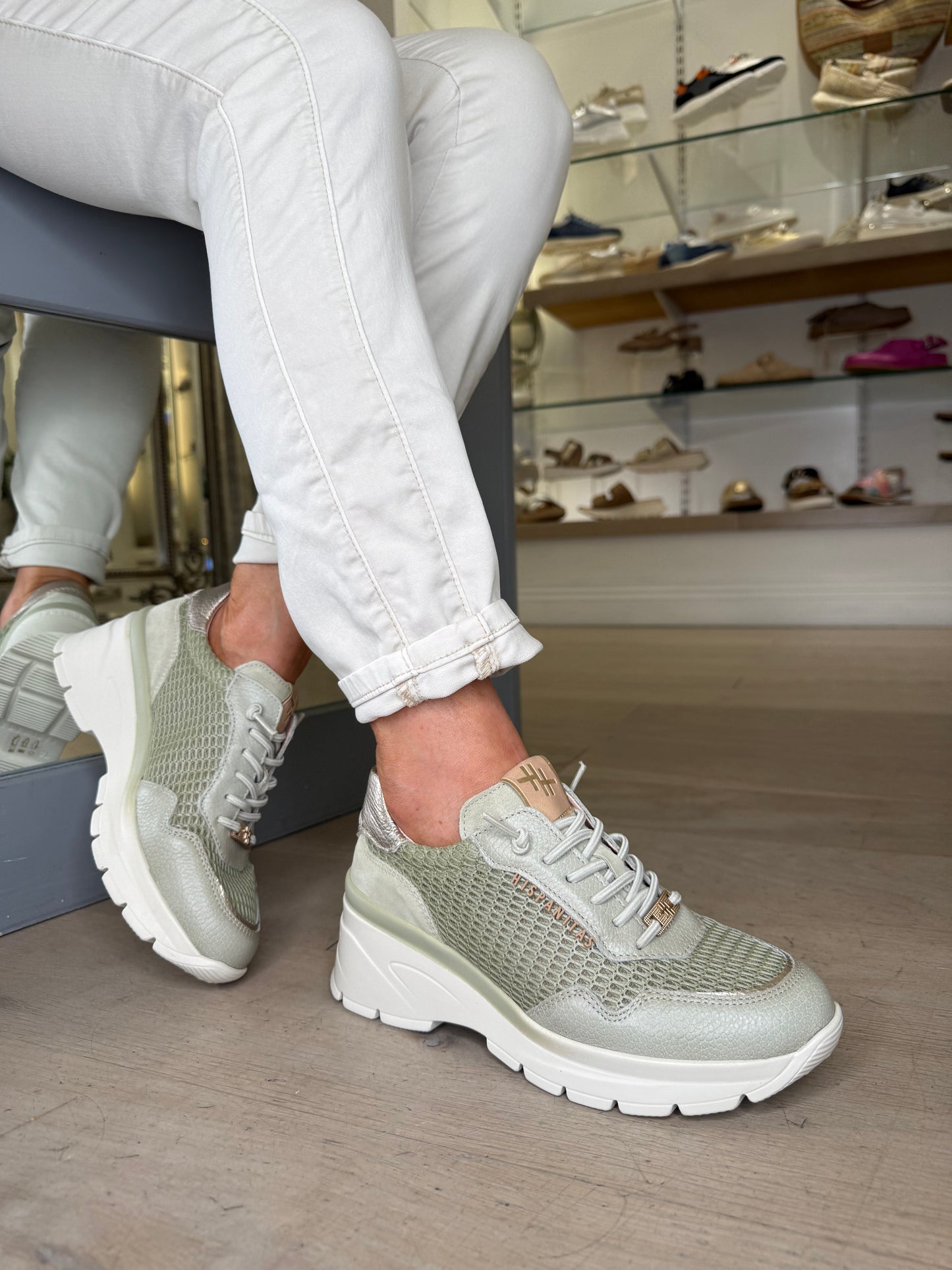 Hispanitas - Soft Green Leather Trainer With Bronze Trim