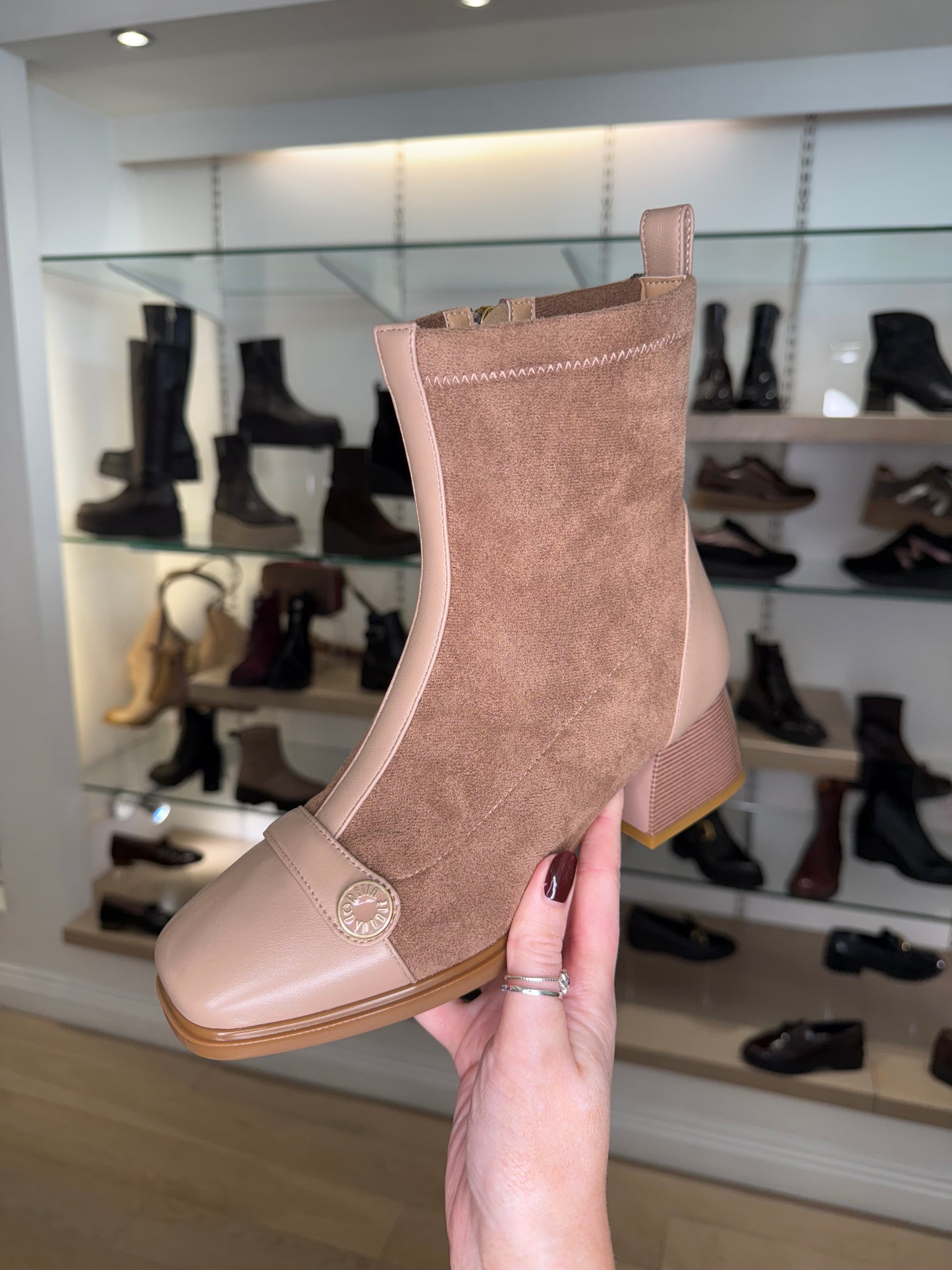 Loretta Vitale - Camel Suede & Leather Mix Square Toe Boot