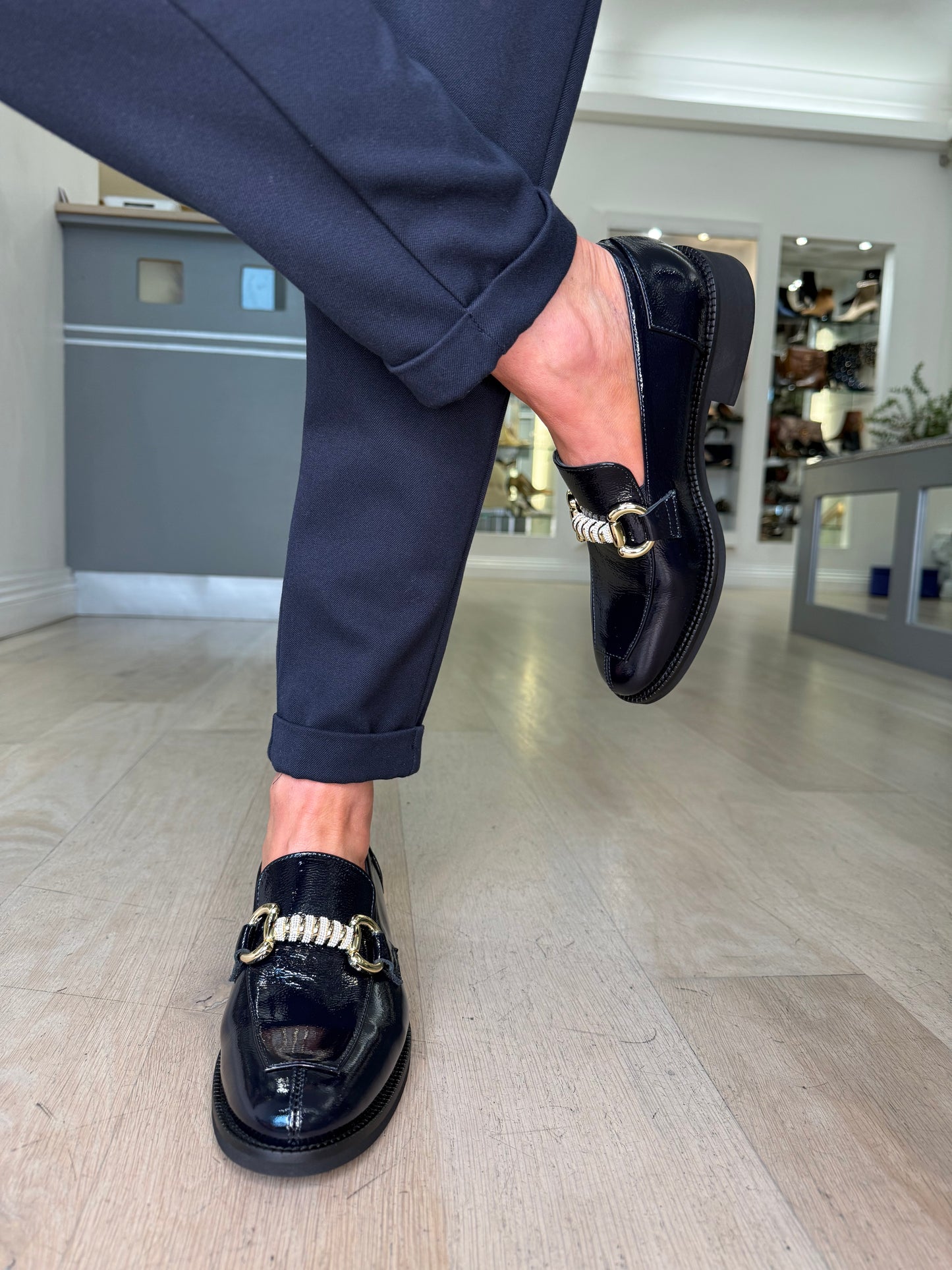 Marco Moreo - Dark Navy Flexy Patent Loafer With Gold Chain Trim