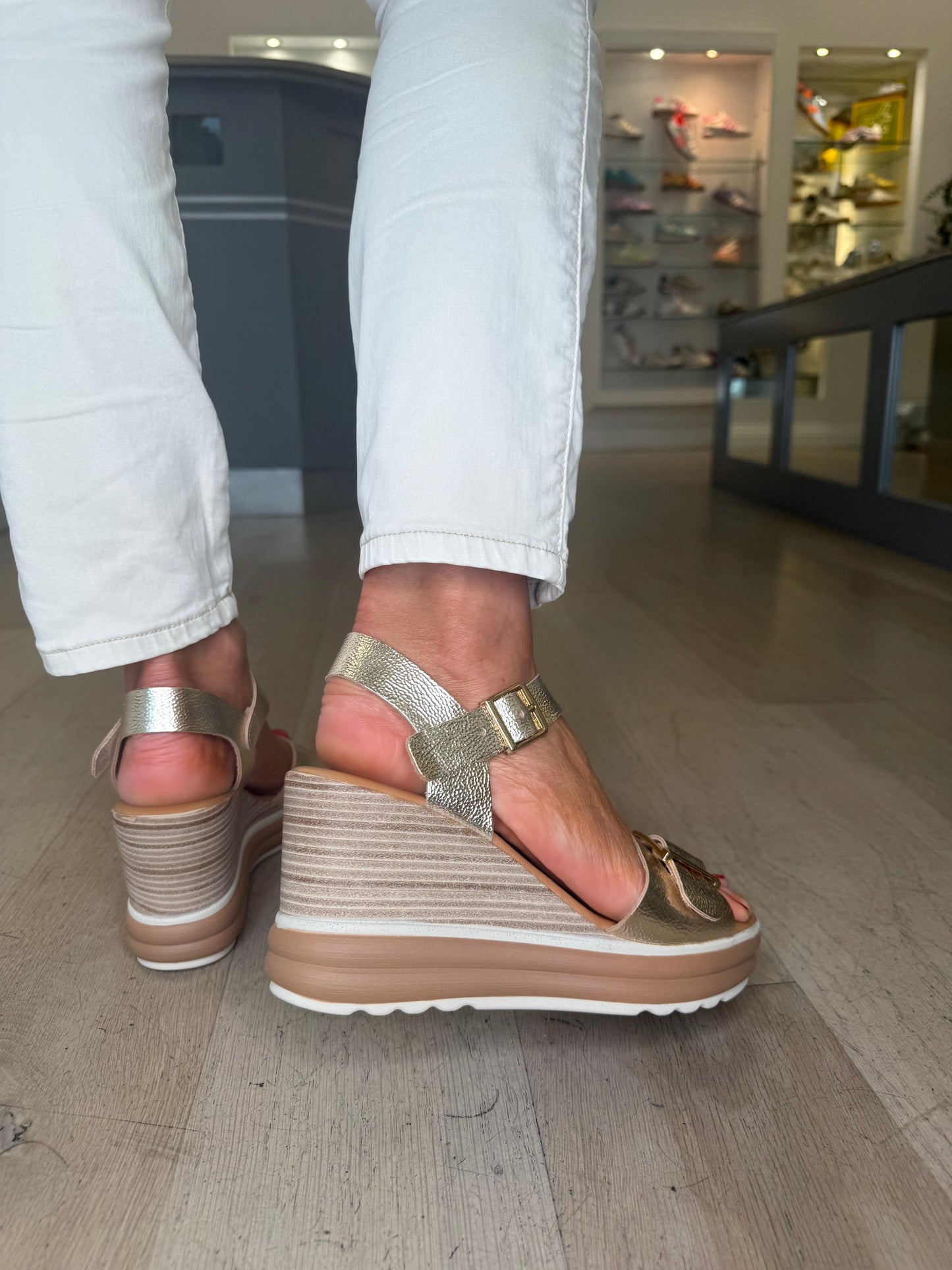 Oh My Sandals - Metallic Gold Flexy Patent Wedge Sandal