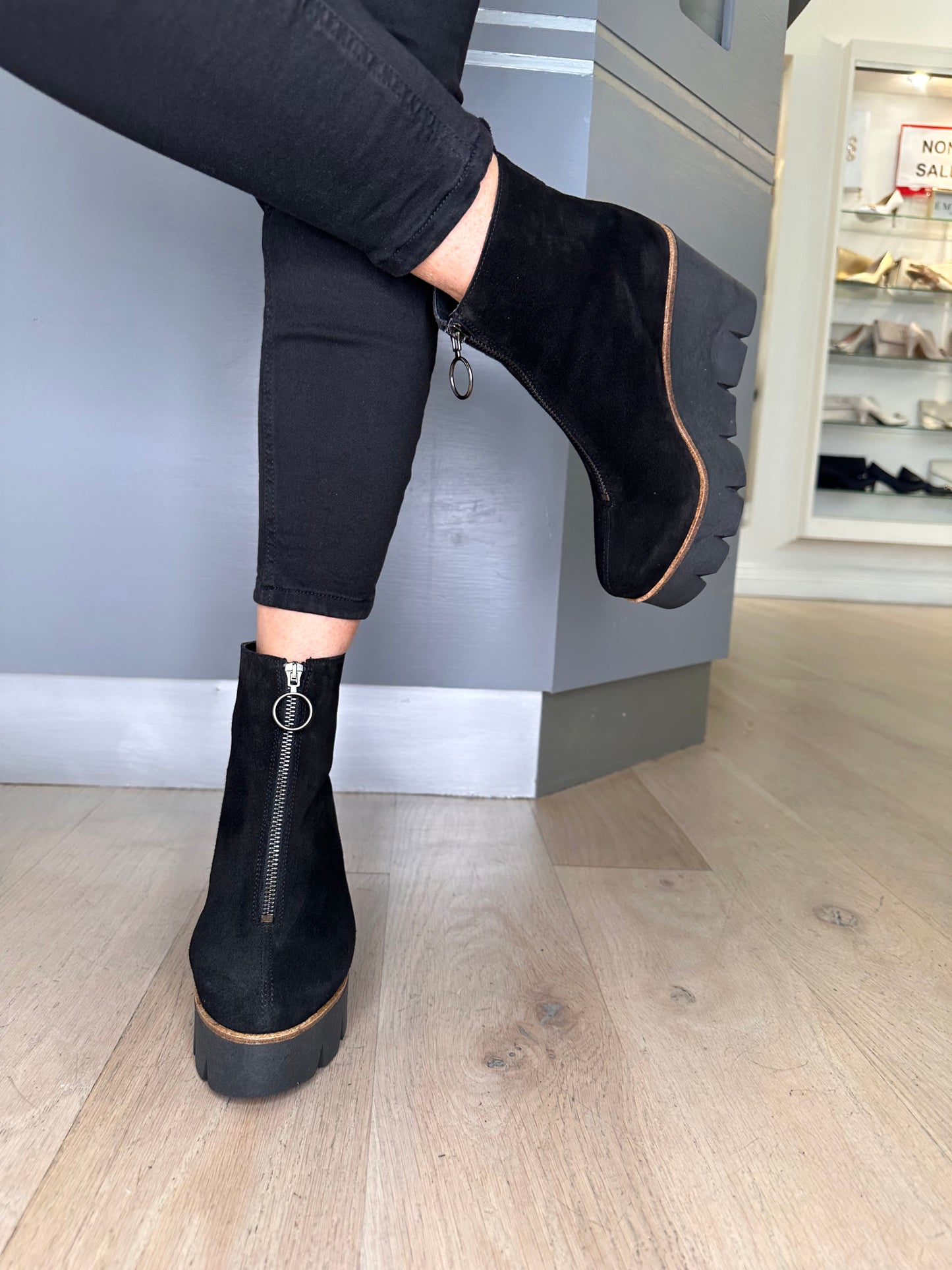 Alpe - Black Suede High Wedge Front Zip Boot