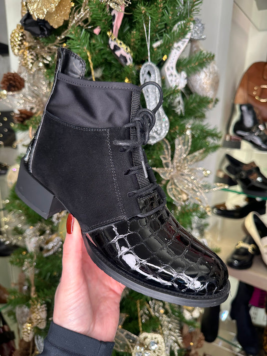 Loretta Vitale - Black Croc Print Patent & Black Fabric Lace Up Boot