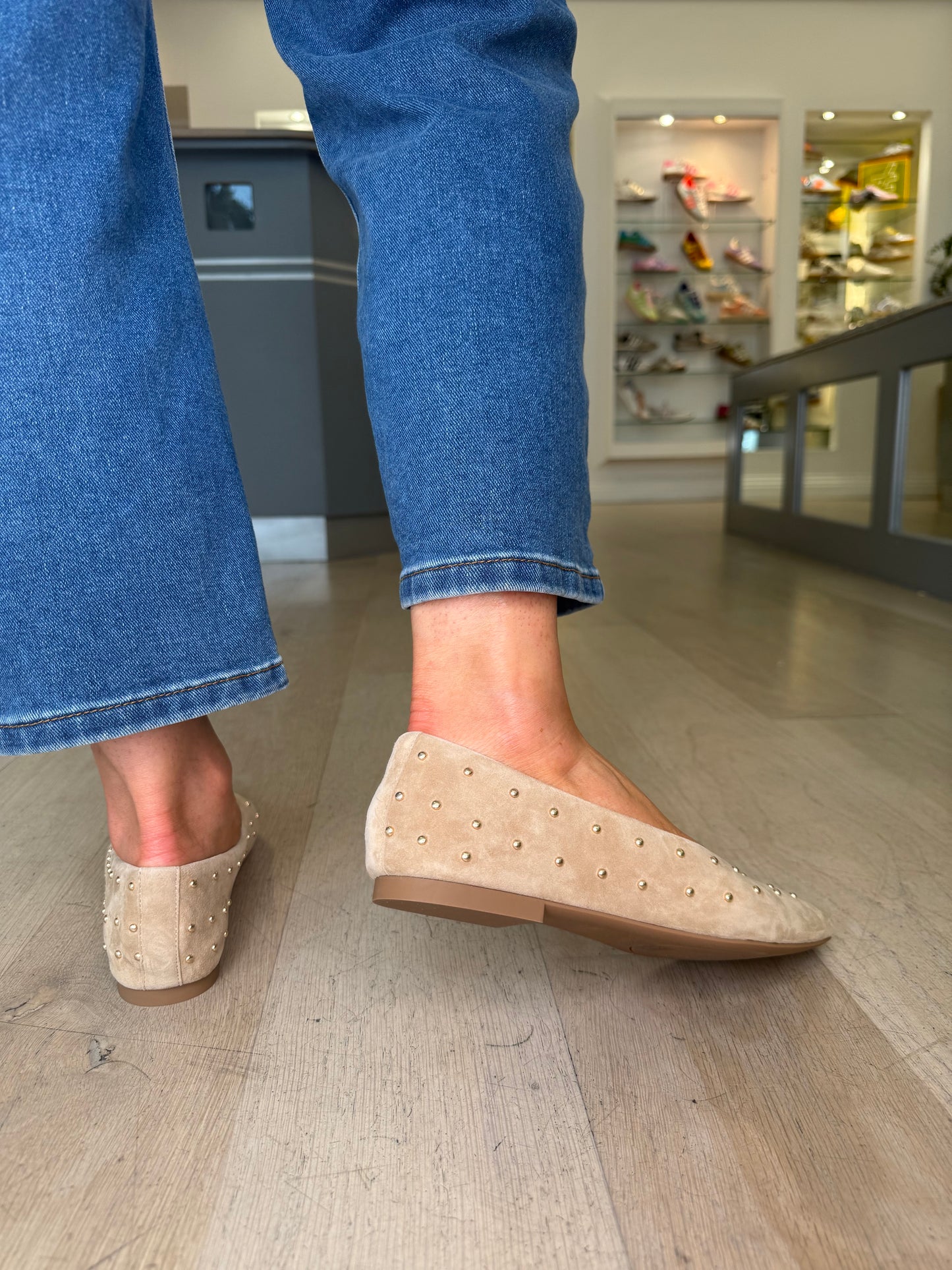 Alpe - Soft Camel Suede Pump With Gold Stud Trim