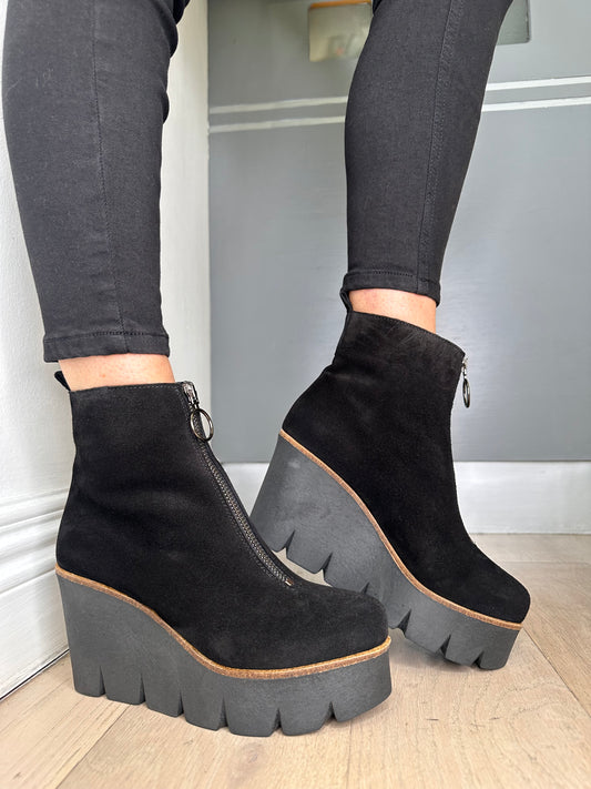 Alpe - Black Suede High Wedge Front Zip Boot