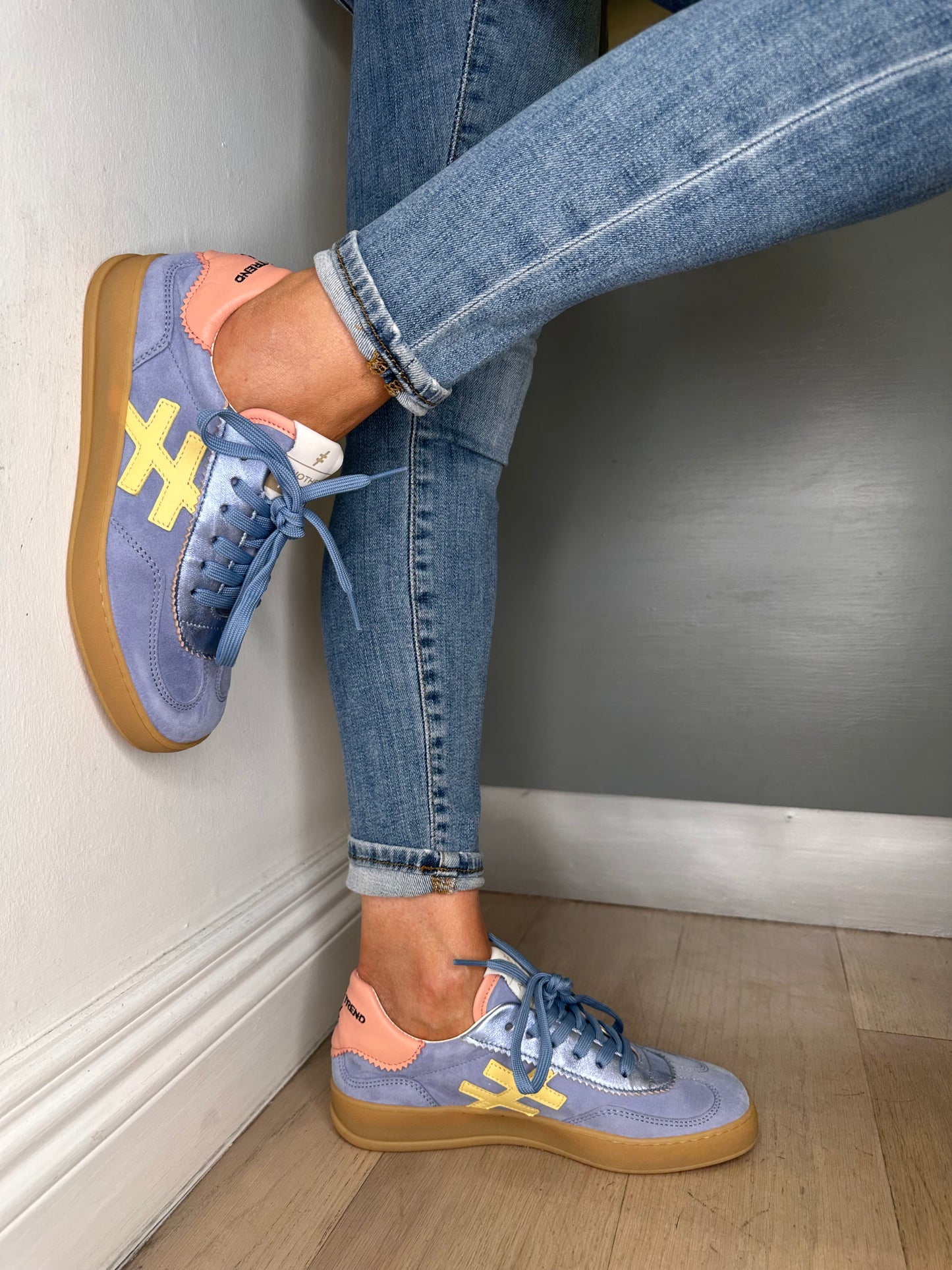 Another Trend (Alpe) - Sky Blue Suede / Metallic Mix Trainer With Lemon /  Soft Rose Trim