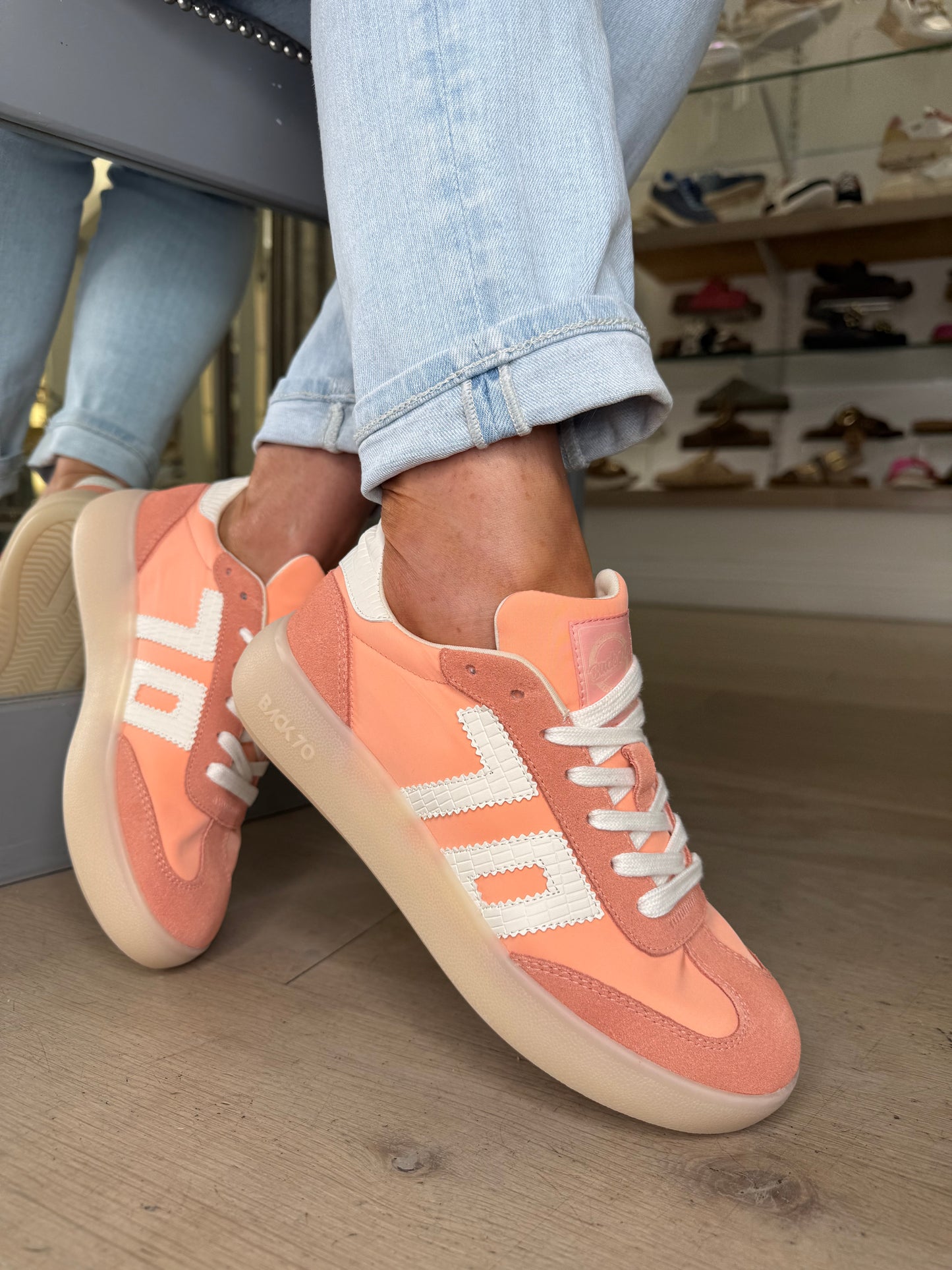 Back 70 - Peach Suede & Fabric Mix Platform Trainer