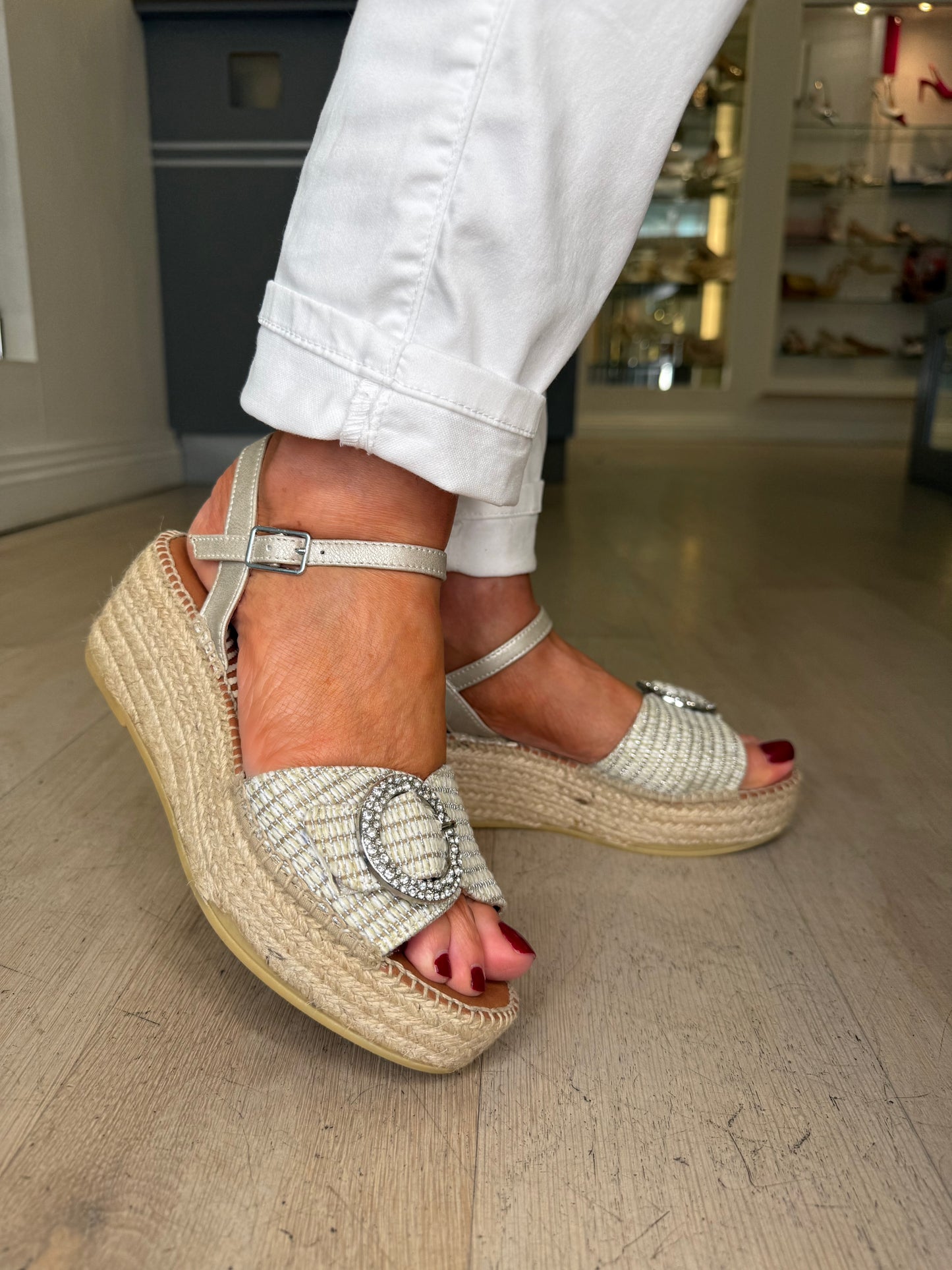 Viguera - Soft Silver Espadrille Wedge With Diamante Buckle Trim