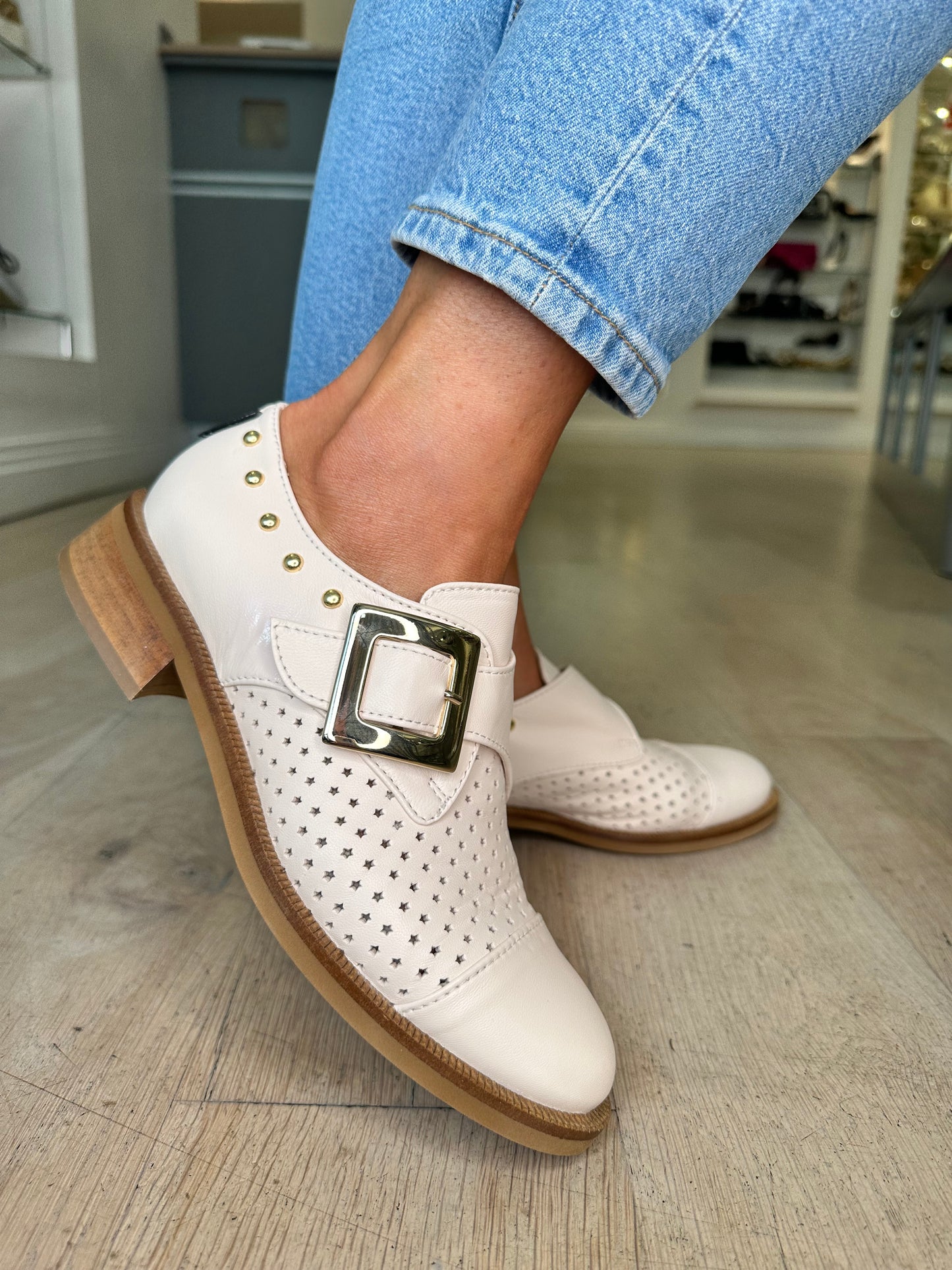 Marco Moreo - Nude Monk Strap Brogue With Gold Buckle & Gold Stud Trim