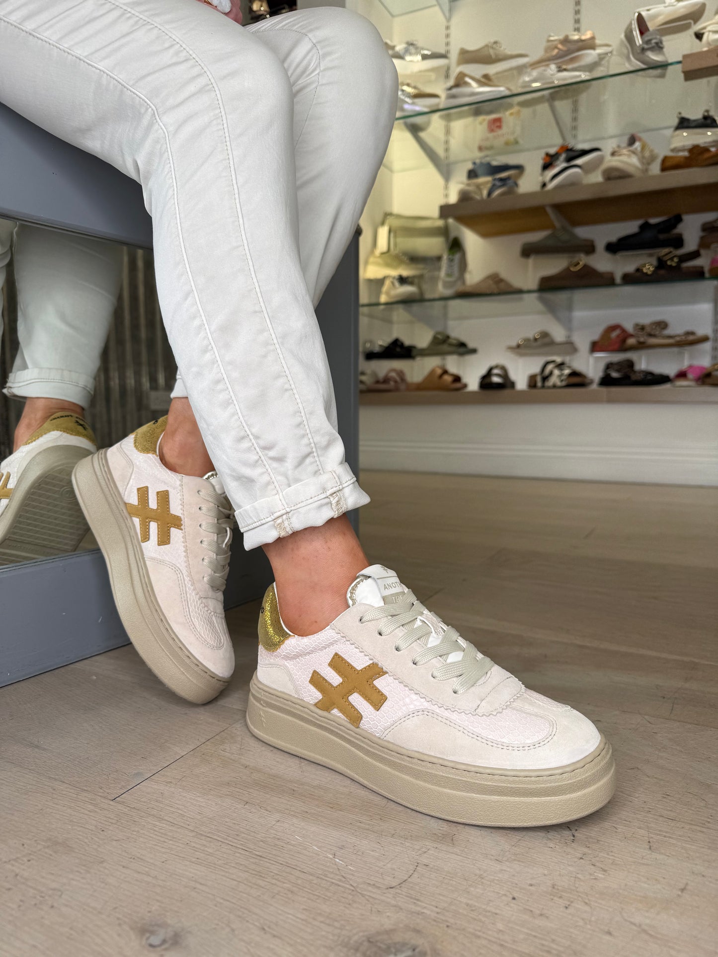 Another Trend - Beige Suede/ Snake Print Flatform Chunky Trainer With Yellow/Gold Trim
