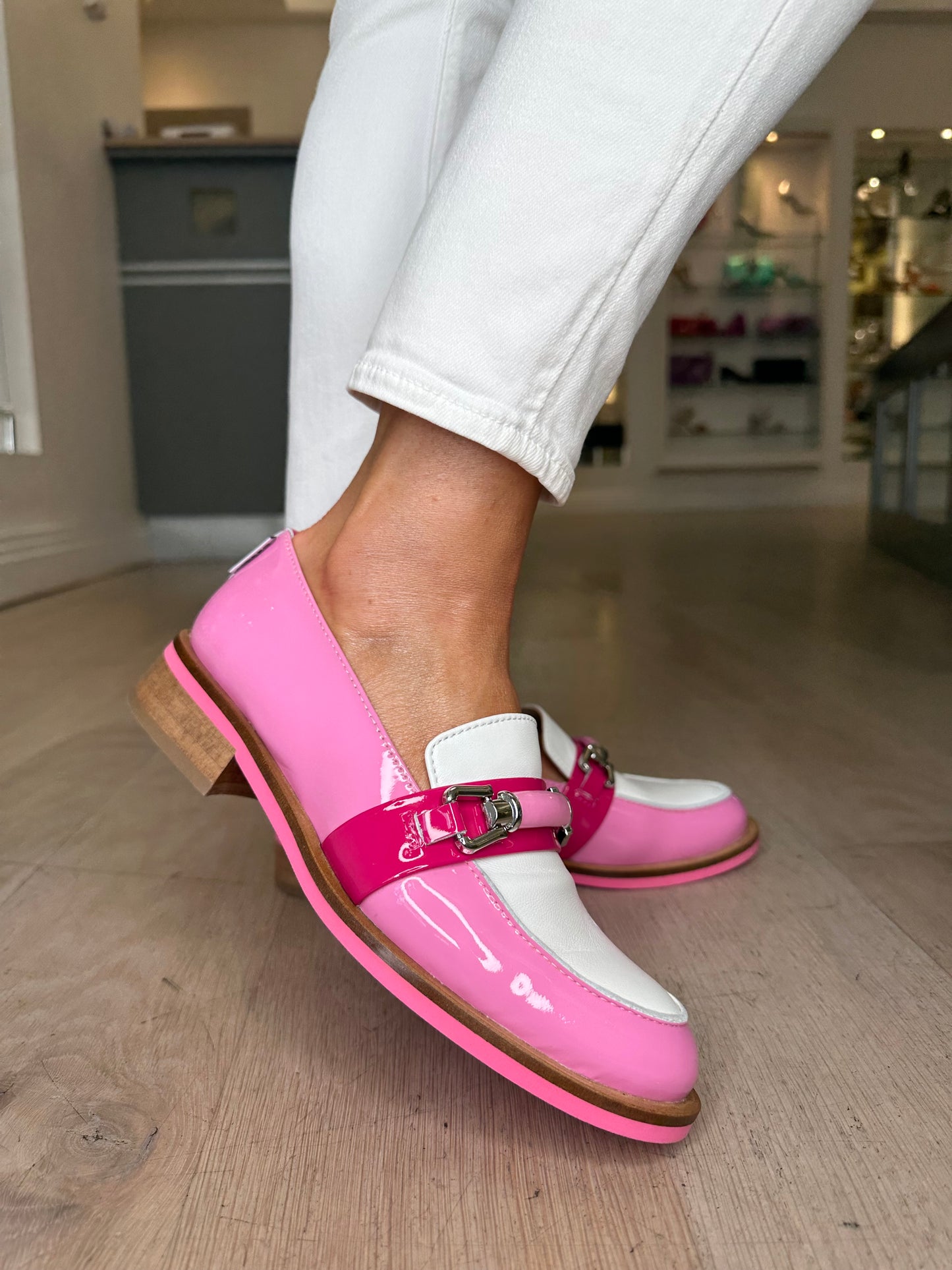 Marco Moreo -Barbie Pink Patent Loafer With Hot Pink/White Patent Trim