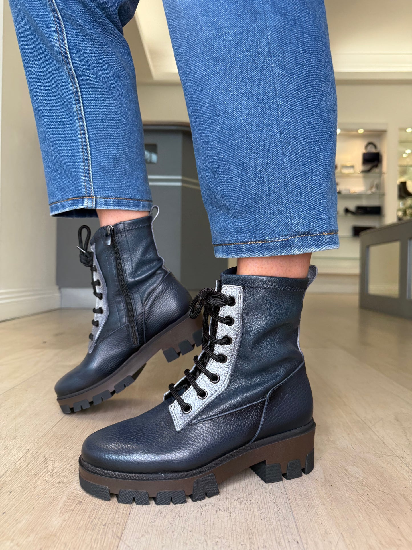 Jose Saenz -Dark Navy Leather Chunky Sole Lace Up Boot With Metallic Silver Trim