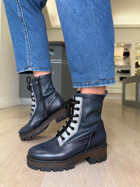Jose Saenz -Dark Navy Leather Chunky Sole Lace Up Boot With Metallic Silver Trim