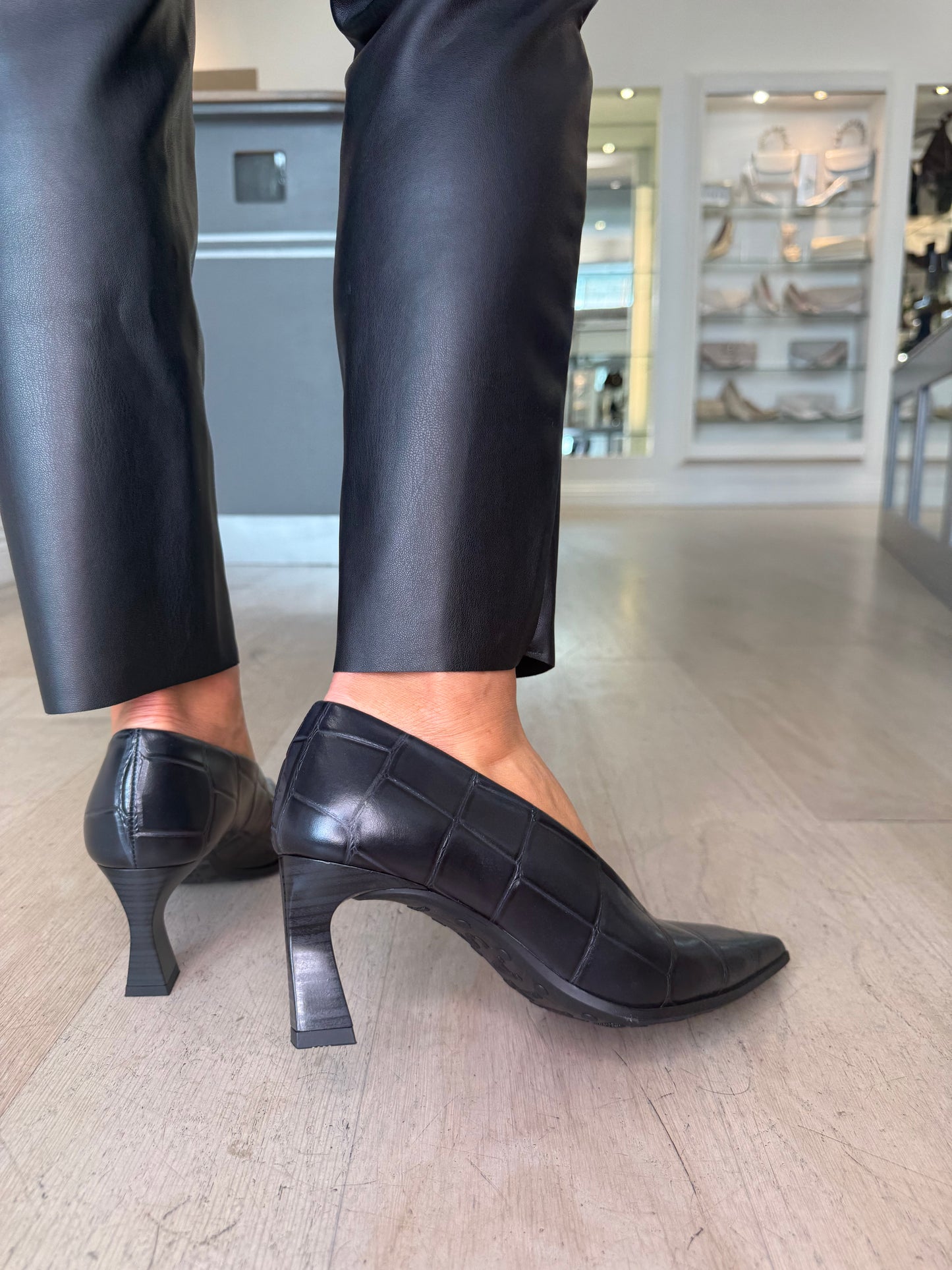Hispanitas - Matt Black Croc Print Leather Pointy Toe Court Shoe