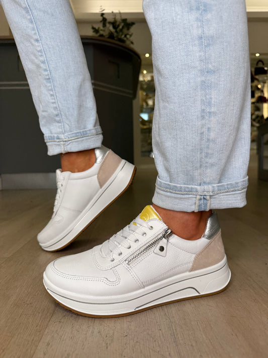 Ara - White Lace Up Trainer With Side Zip & Yellow & Beige Suede Trim