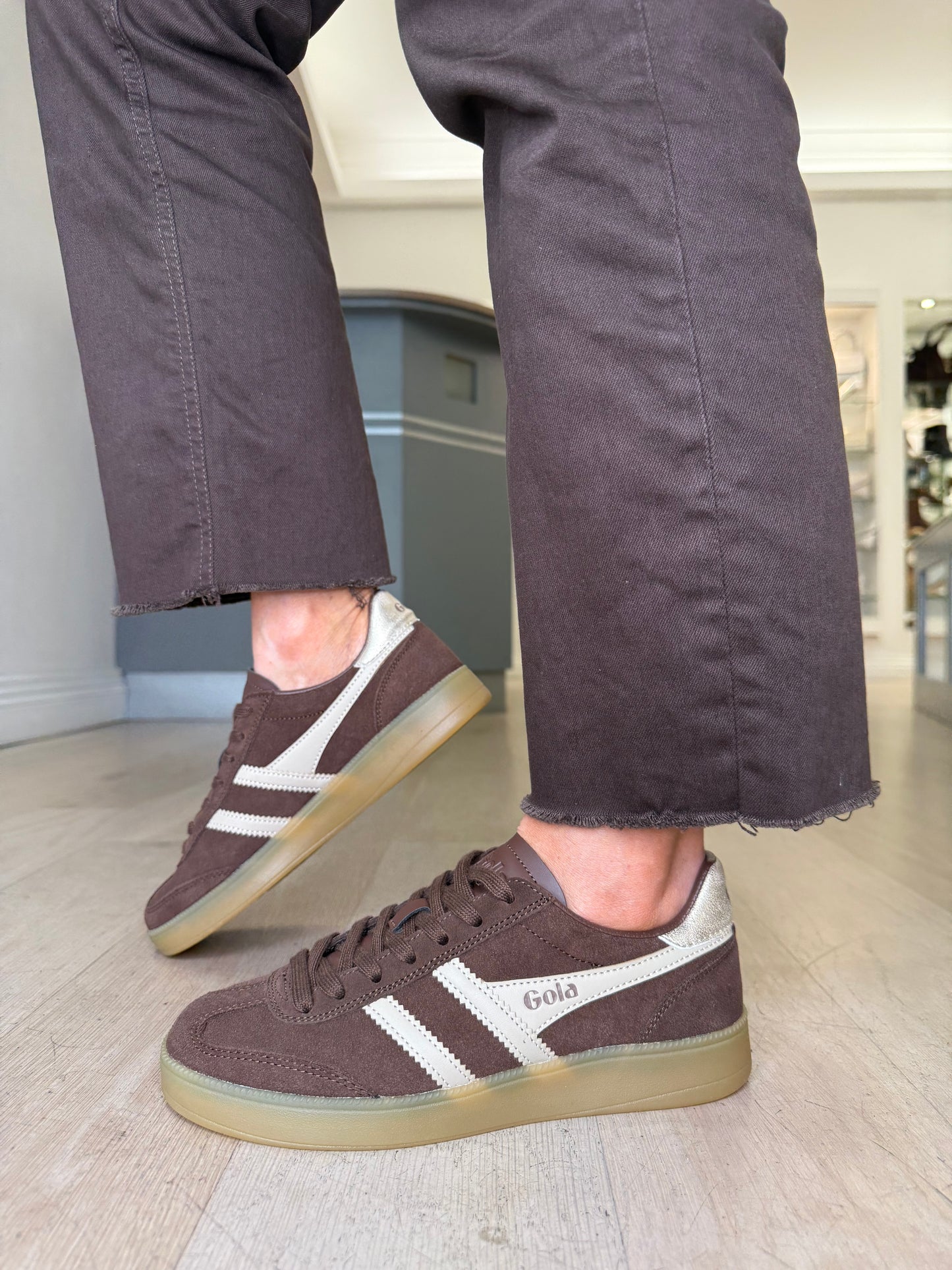 Gola -Viper Rich Brown Suede Trainer With Bone & Gold Coloured Trim
