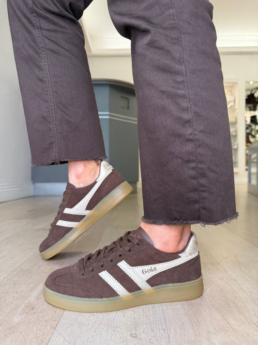 Gola -Viper Rich Brown Suede Trainer With Bone & Gold Coloured Trim
