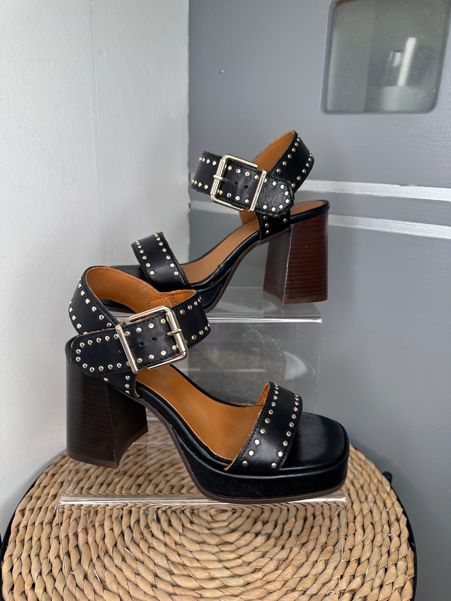Alpe -Black Block Heel Strappy Sandal With Gold Stud Detail