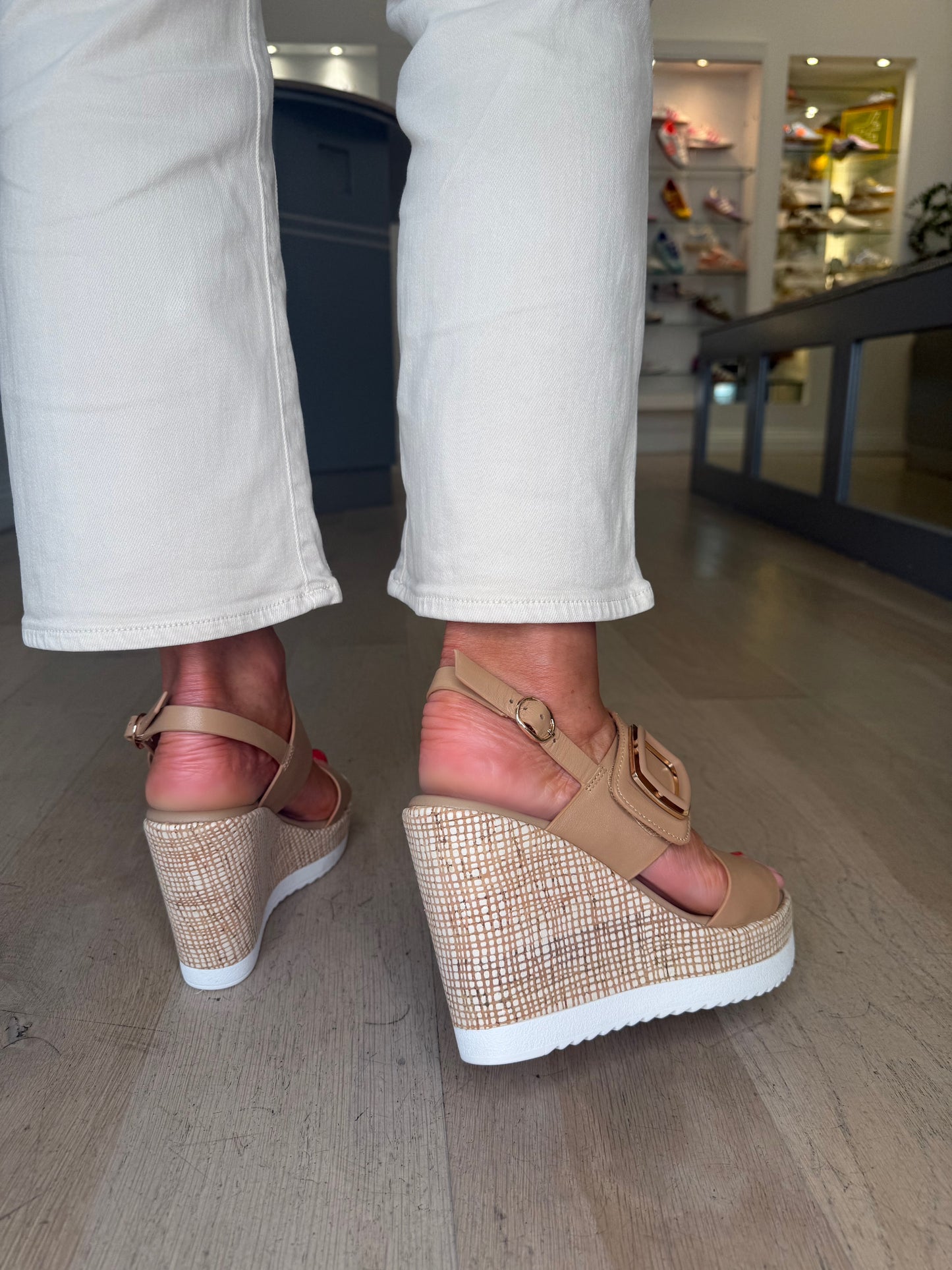 Repo - Camel Leather 2 Strap High Wedge Sandal With Velcro Strap & Platform Sole