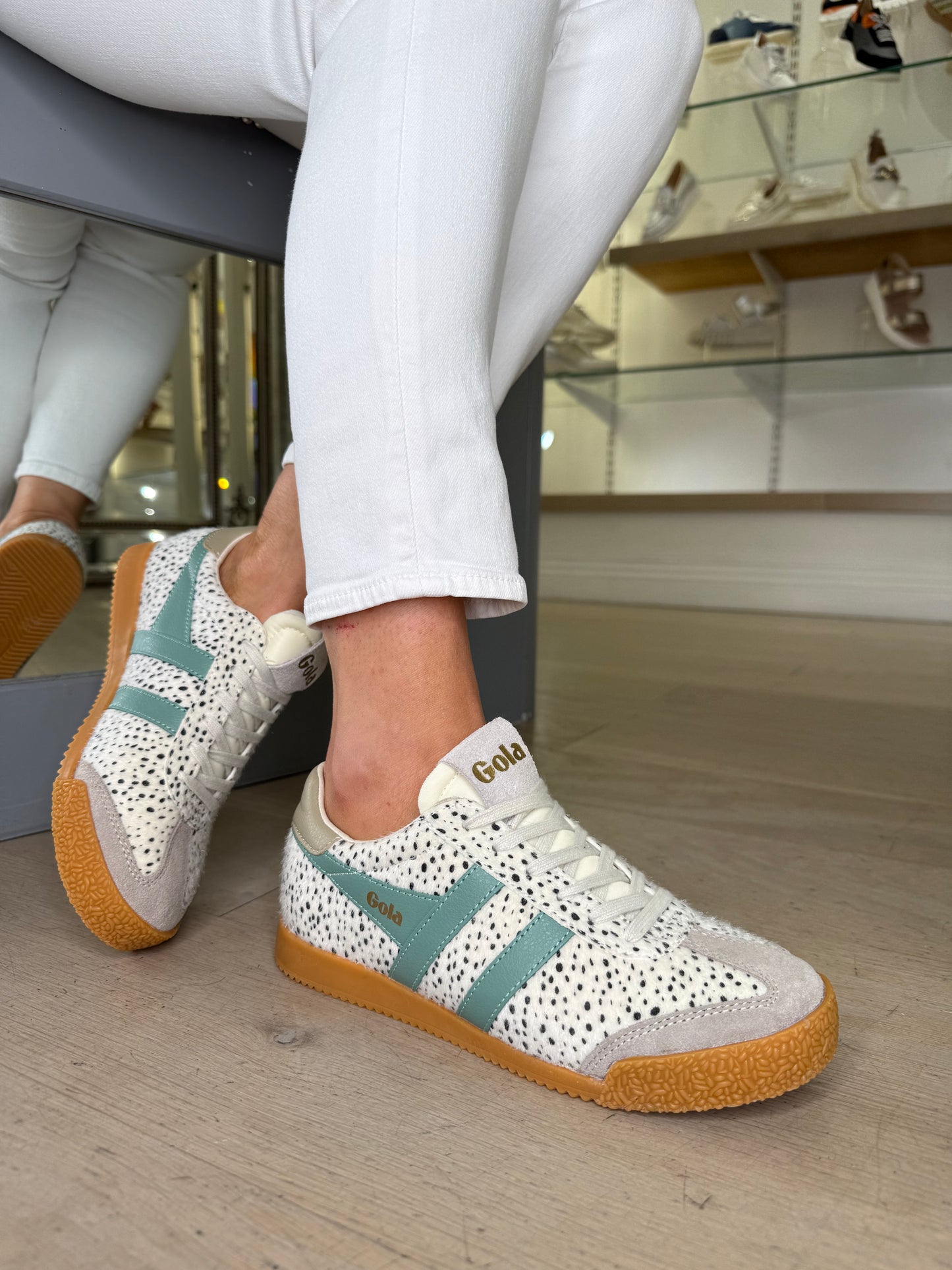 Gola - Elan Cheetah Print Trainer With Feather Grey Suede & Sage Green Trim