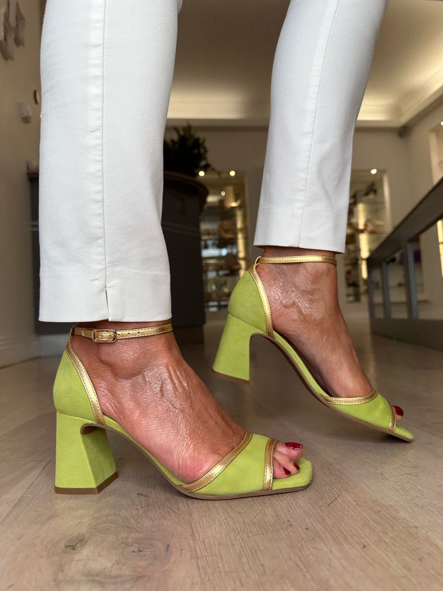 Lodi (Love) - Lime Green Suede Sandal With Gold Trim & Block Heel