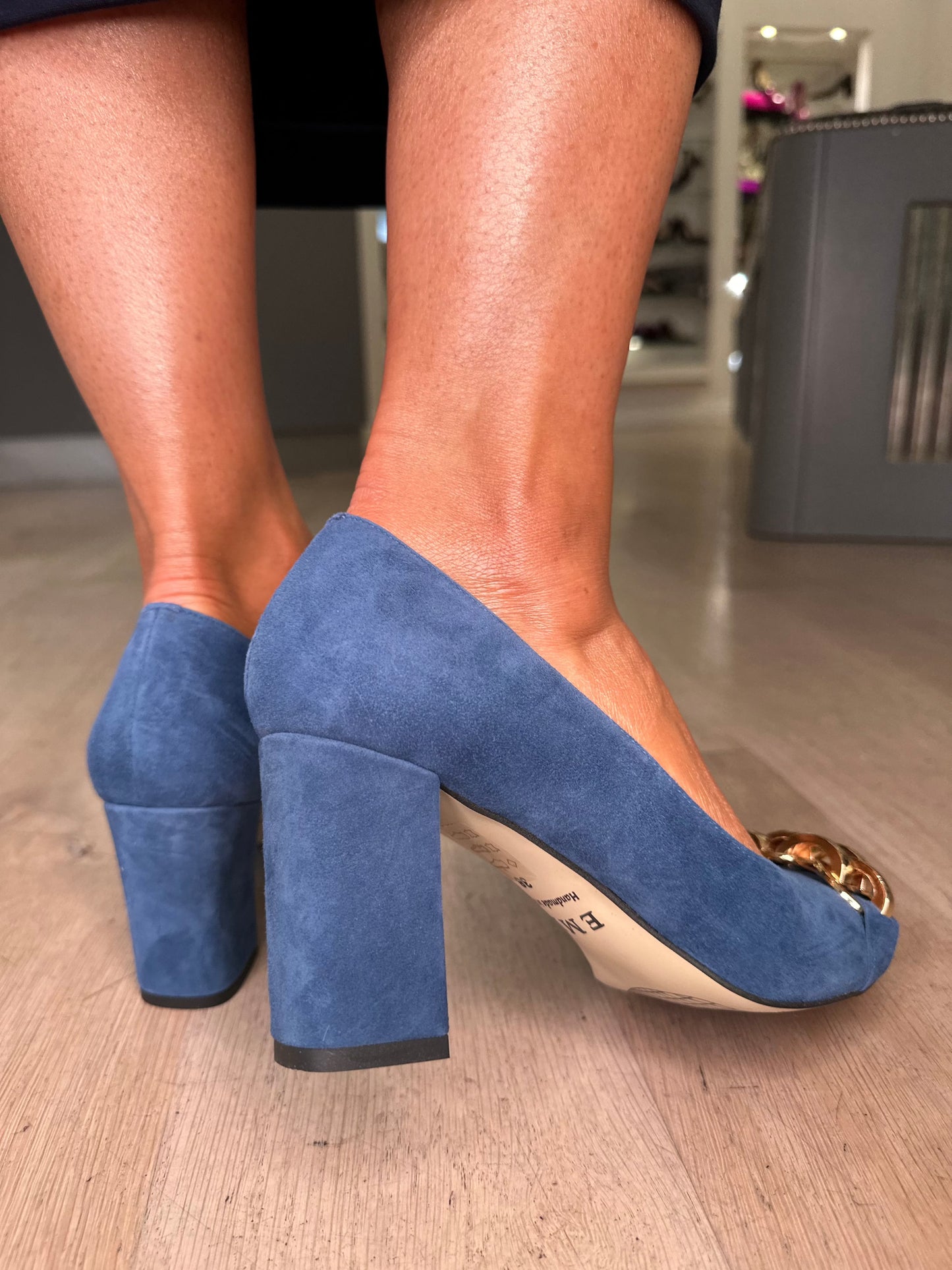 Emis - Teal Blue Suede Pointy Toe Block Heel Shoe