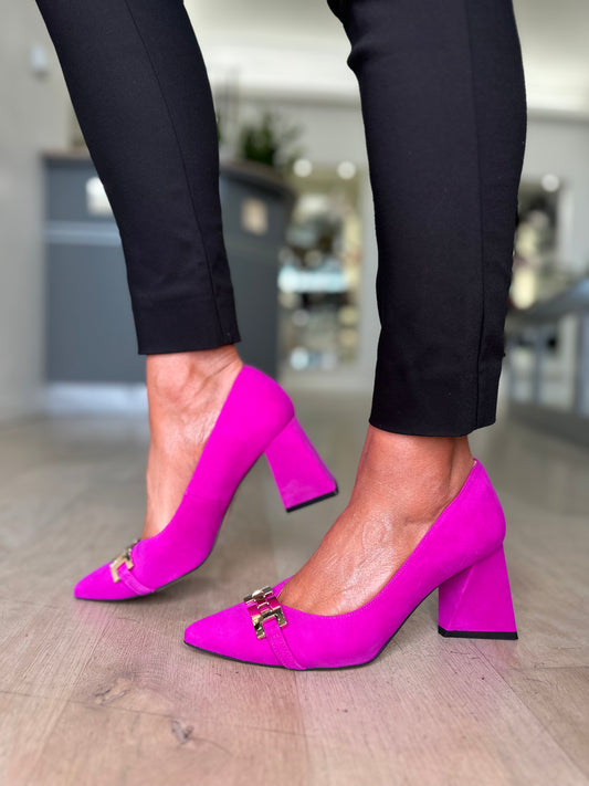 Emis - Fuchsia Pink Suede Pointy Toe Court Shoe With Triangular Block Heel