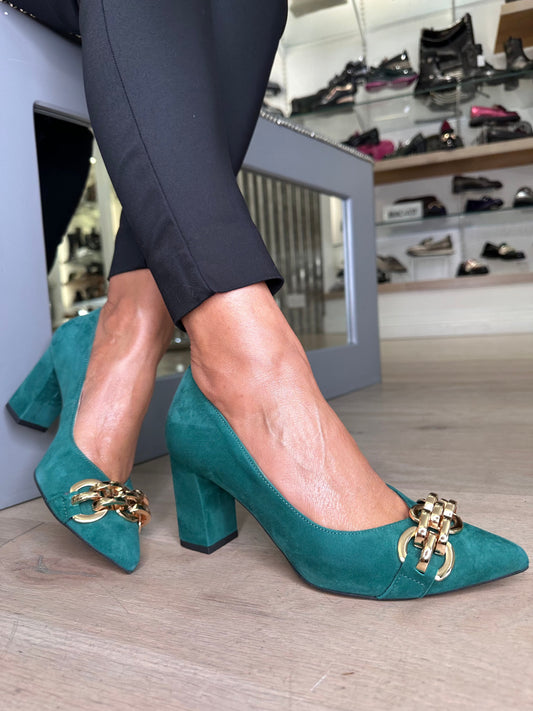 Emis - Jade Green Suede Pointy Toe Block Heel Shoe