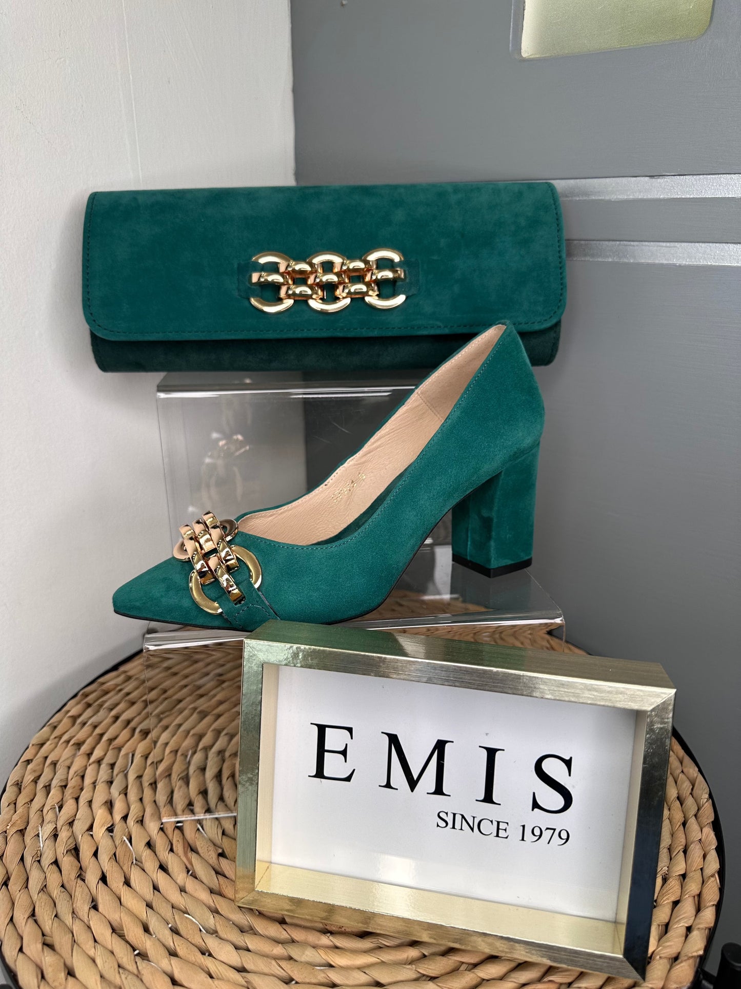 Emis - Jade Green Suede Pointy Toe Block Heel Shoe