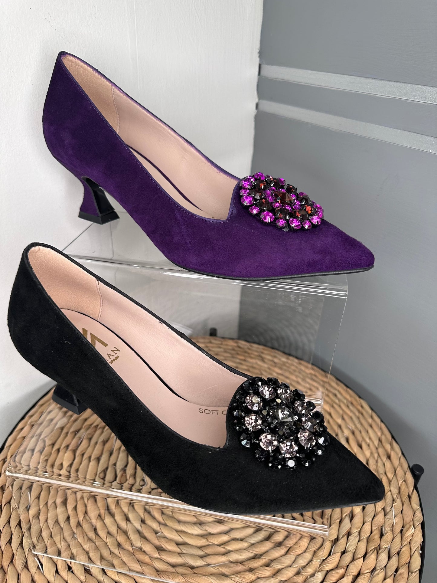 Marian - Black Suede Pointy Toe Kitten Heel With Stone Trim