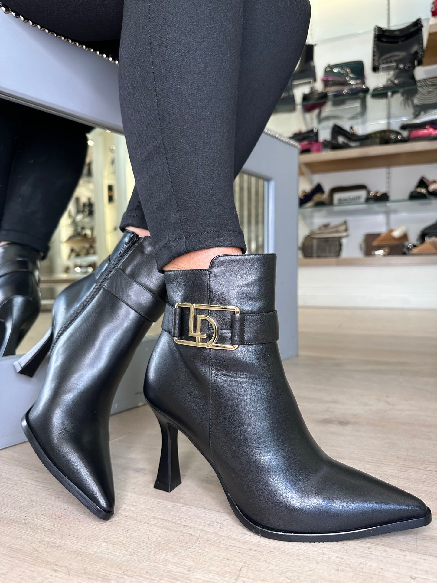 Lodi- Mositc Black Nappa Leather Pointy Toe Mid Heel Short Boot
