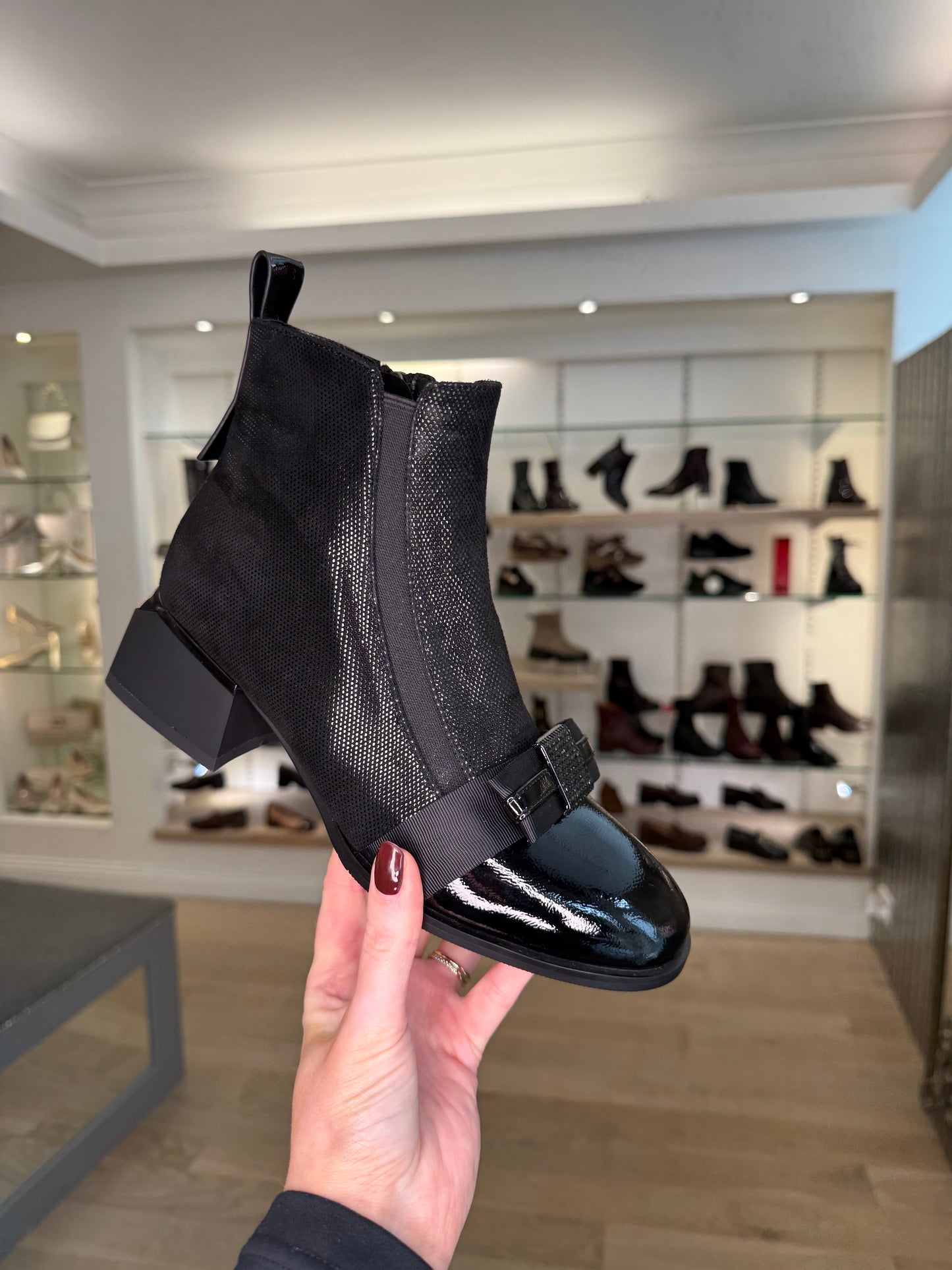 Loretta Vitale -Black Suede Boot With Black Patent & Bow Trim