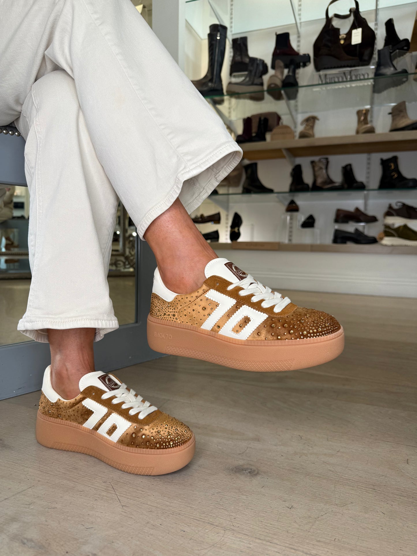 Back 70 -Tan Velvet Jeweled Flatform Trainer
