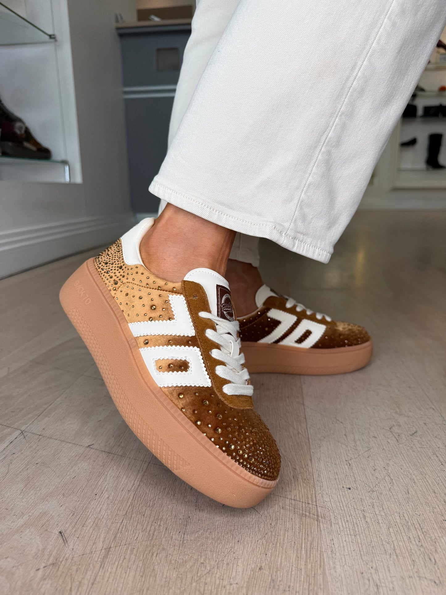 Back 70 -Tan Velvet Jeweled Flatform Trainer