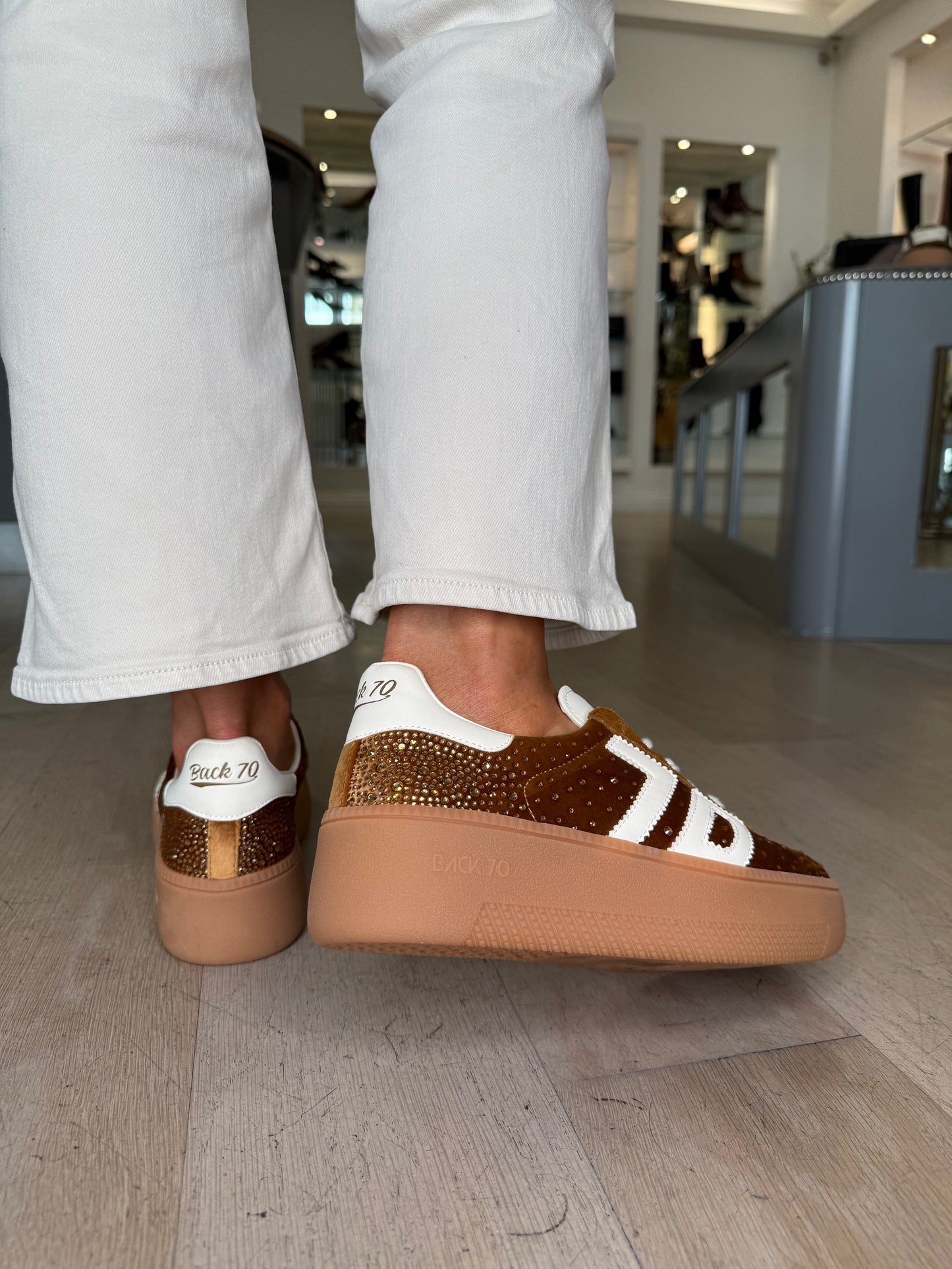 Back 70 -Tan Velvet Jeweled Flatform Trainer