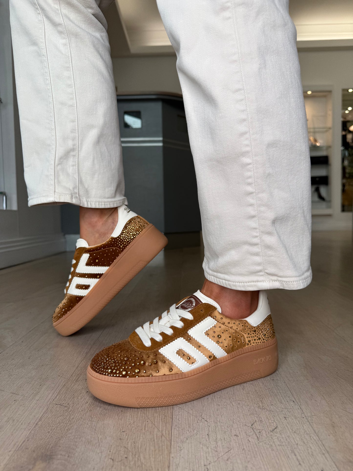 Back 70 -Tan Velvet Jeweled Flatform Trainer