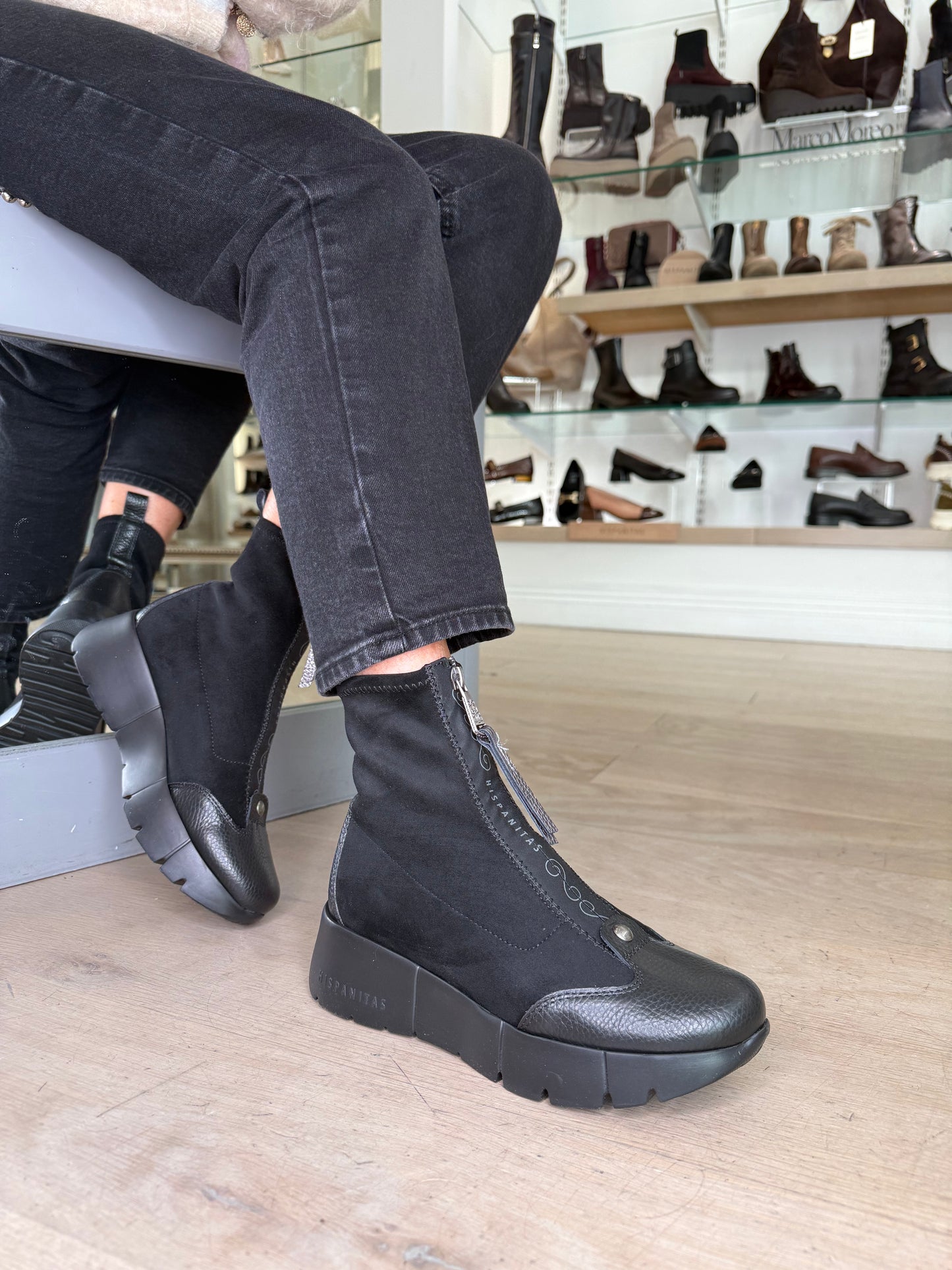 Hispanitas - Black Suede & Leather Zip Up Sporty Wedge Boot