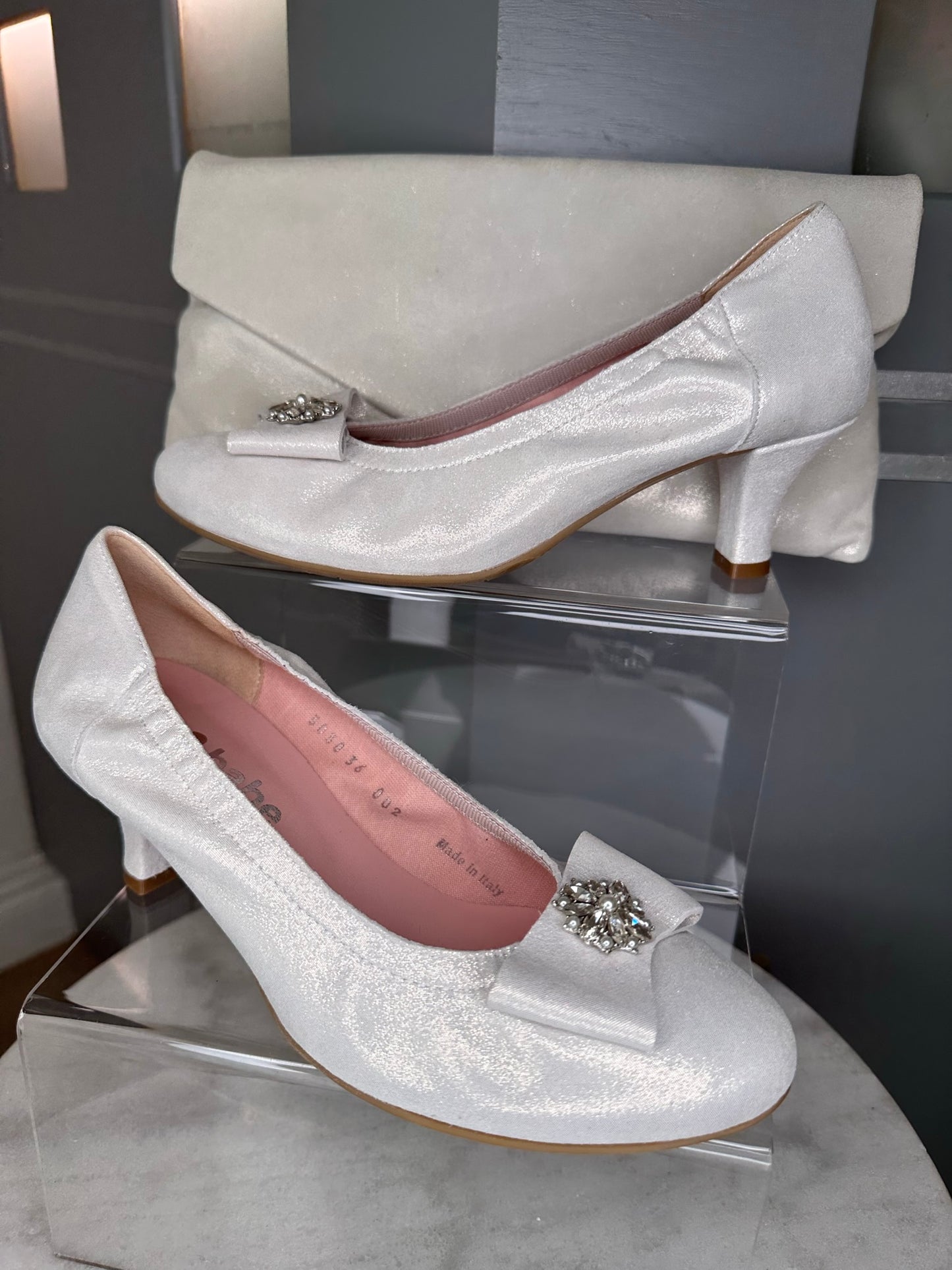 Le Babe – Soft Silver Round Toe Diamante Trim Kitten Heel Shoe
