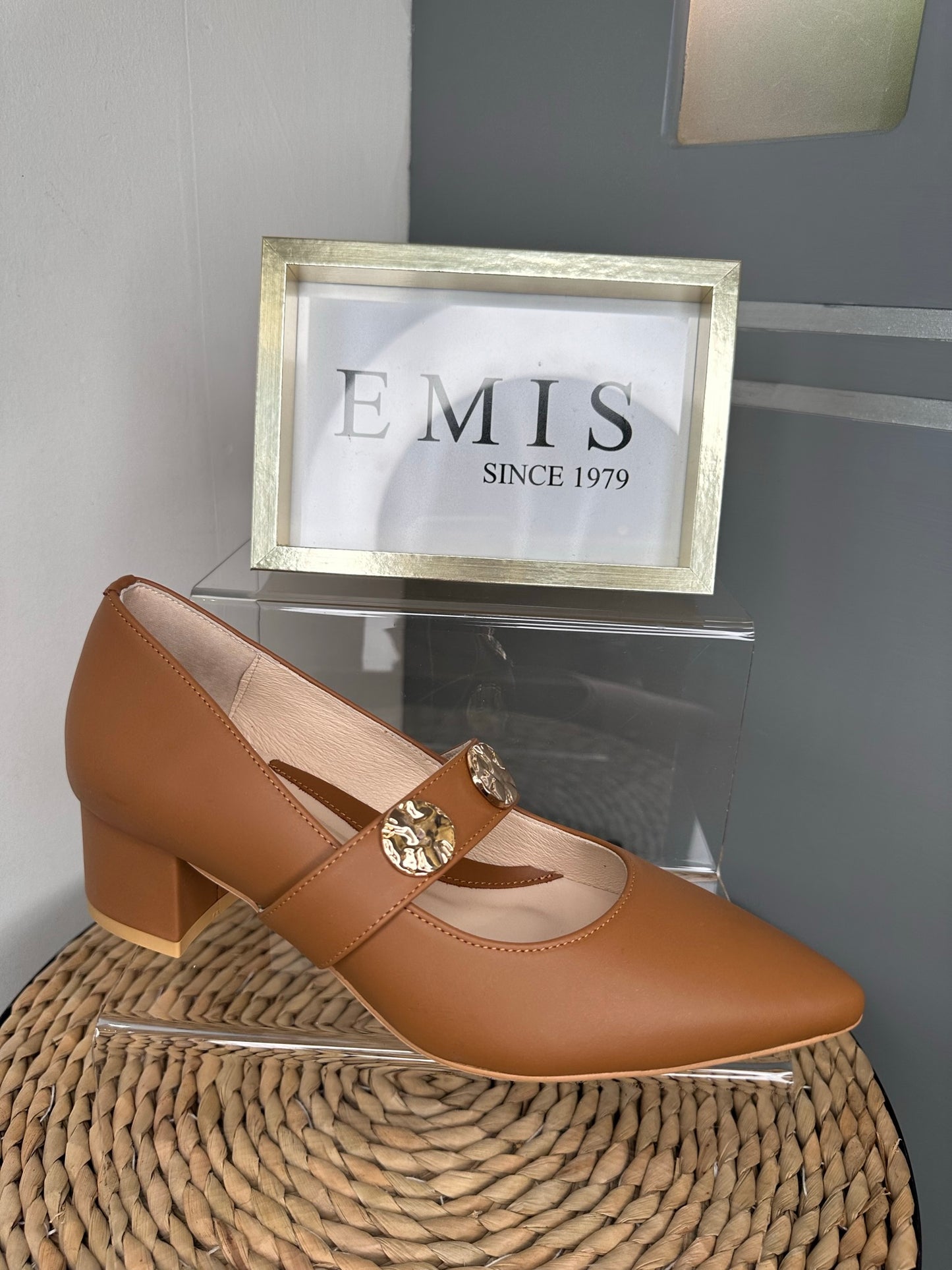 Emis -Rich Tan Pointy Toe Pump With Block Heel & Strap