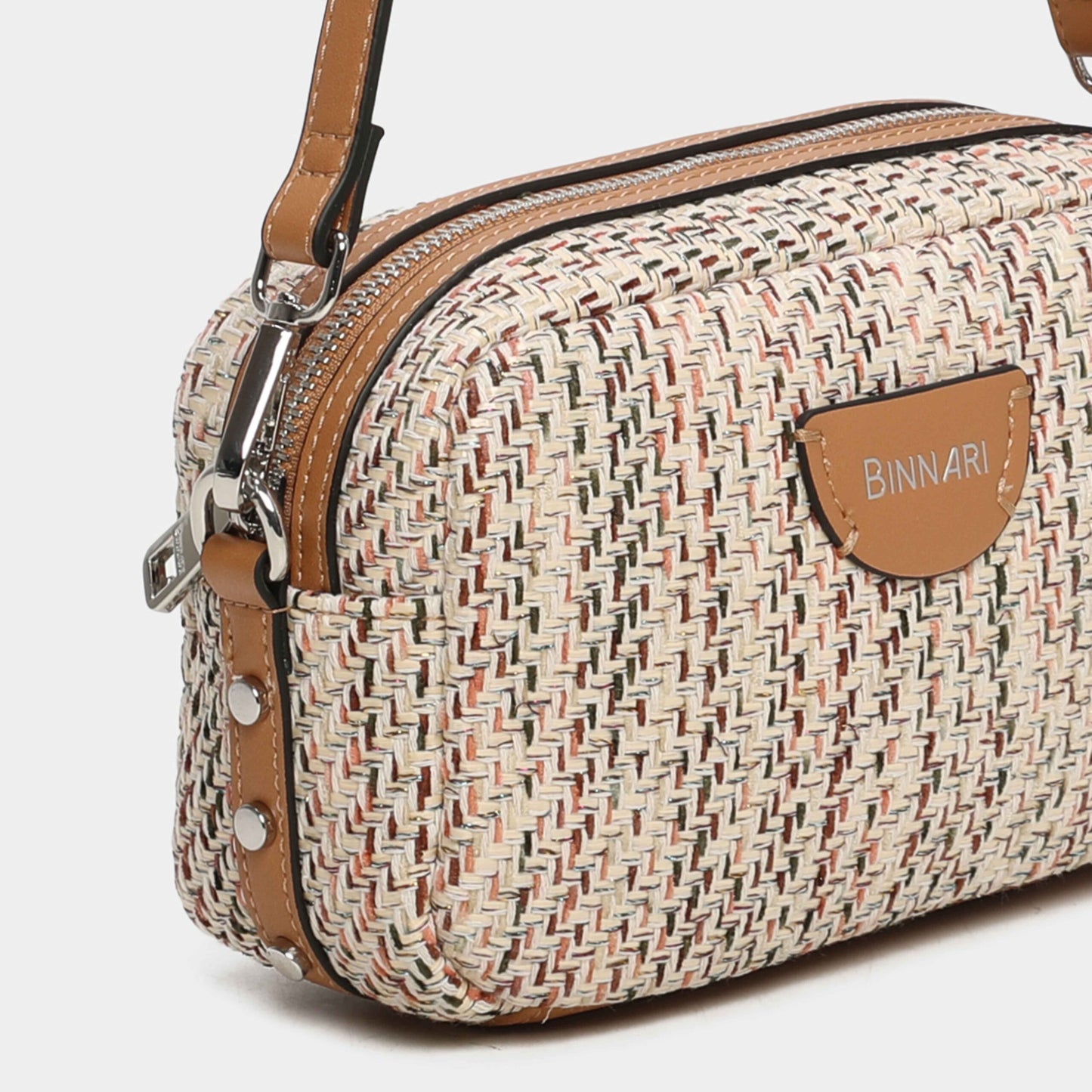 Binanri - Cream Multi Weave Bag With Tan Short & Crossover Strap