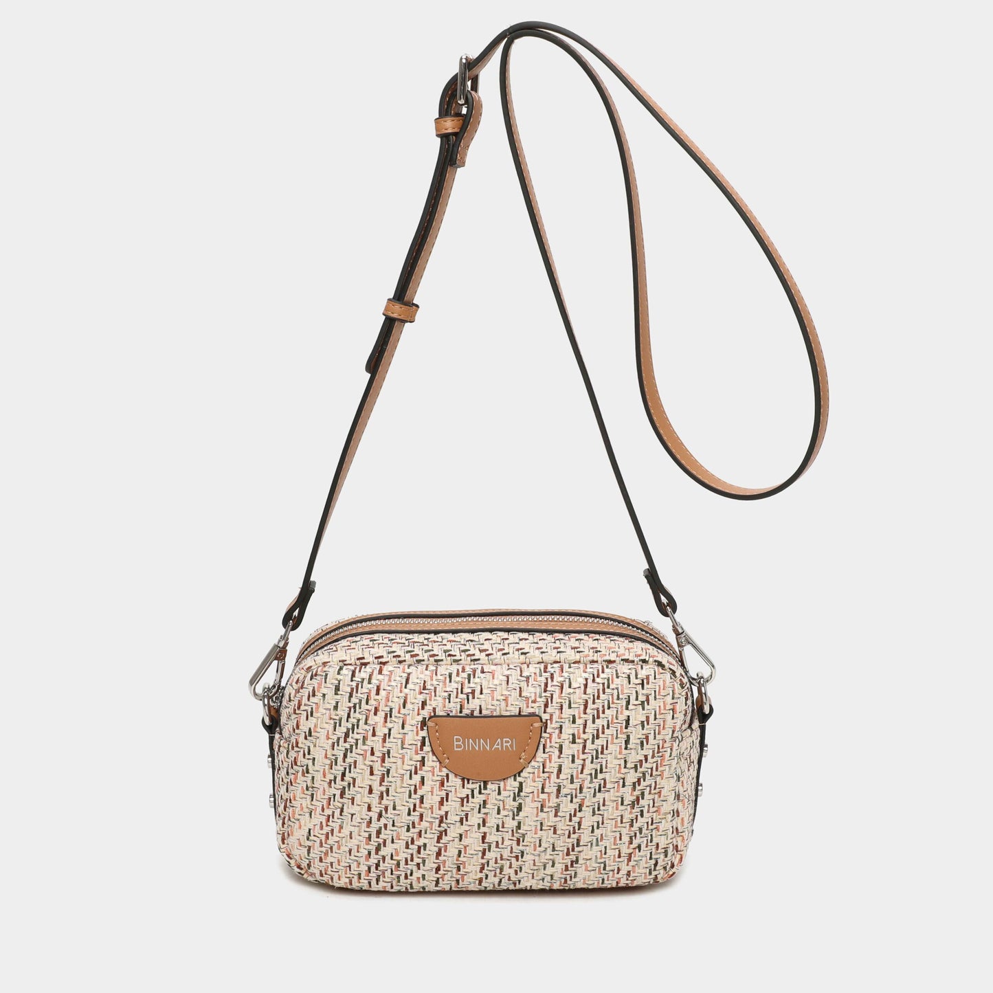 Binanri - Cream Multi Weave Bag With Tan Short & Crossover Strap