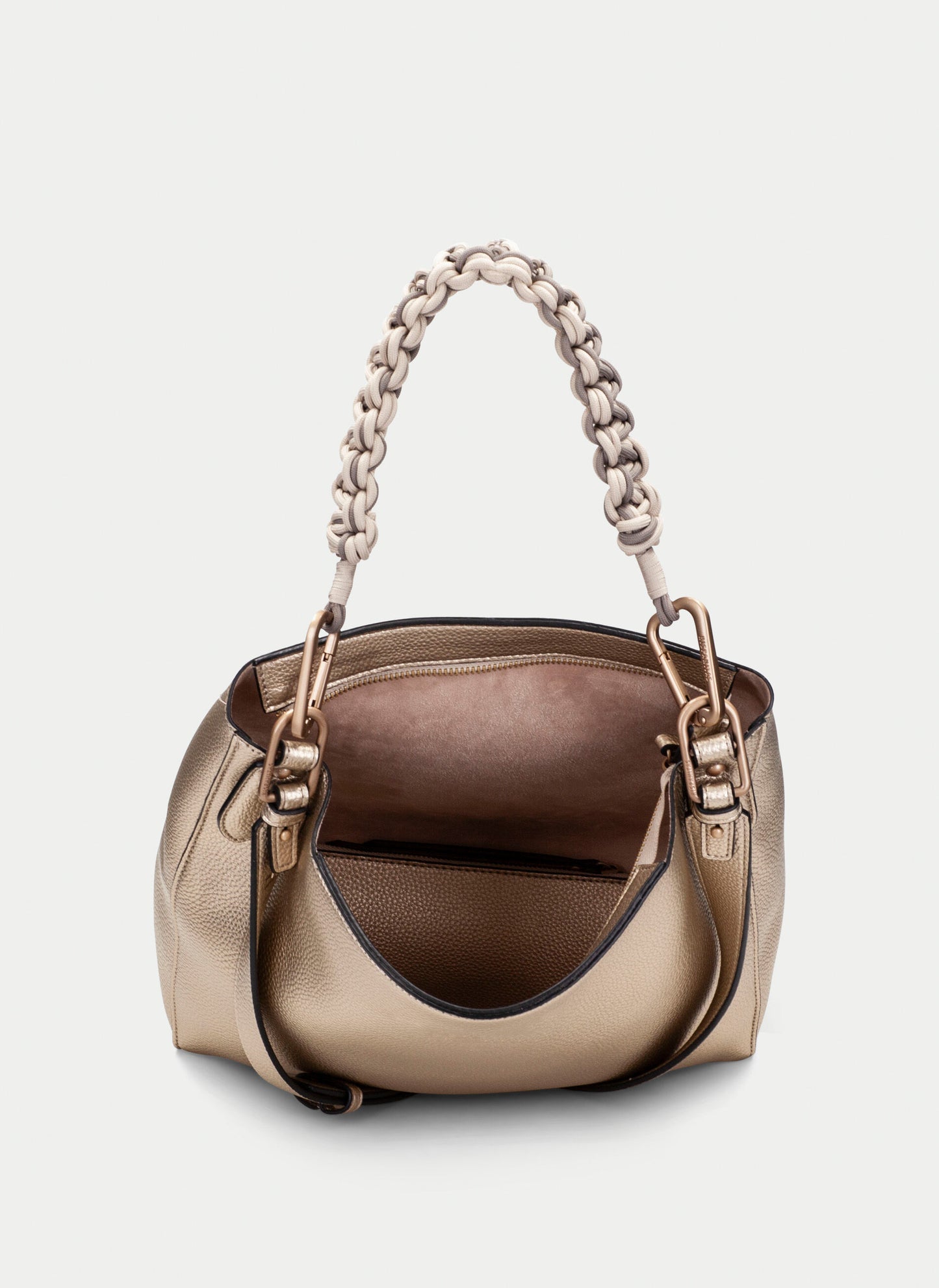 Hispanitas - Soft Matt Bronze Hobo Bag With Short Braded Strap And A Long Crossover Strap