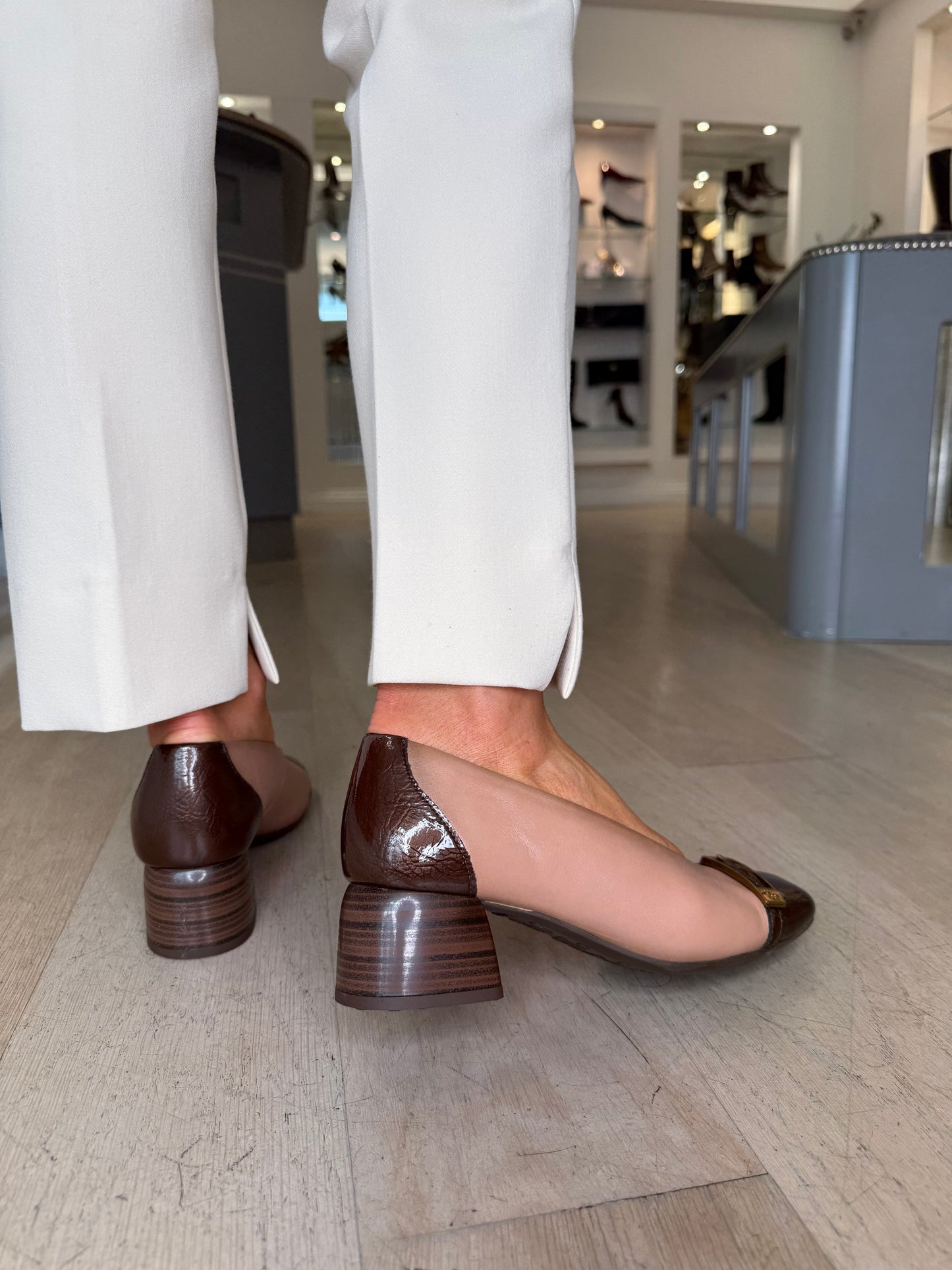 Hispanitas - Almond Leather & Brown Patent Leather Slip On Shoe With Block Heel